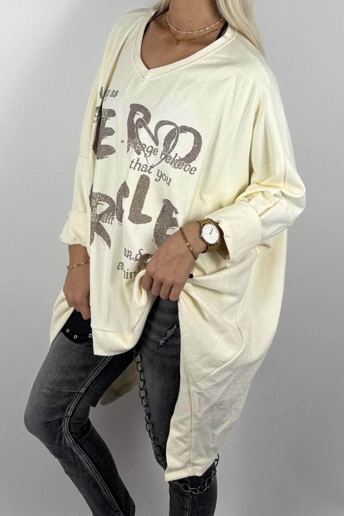 Damen-Sweatshirt mit V-Ausschnitt und Glitzerprint-Butter