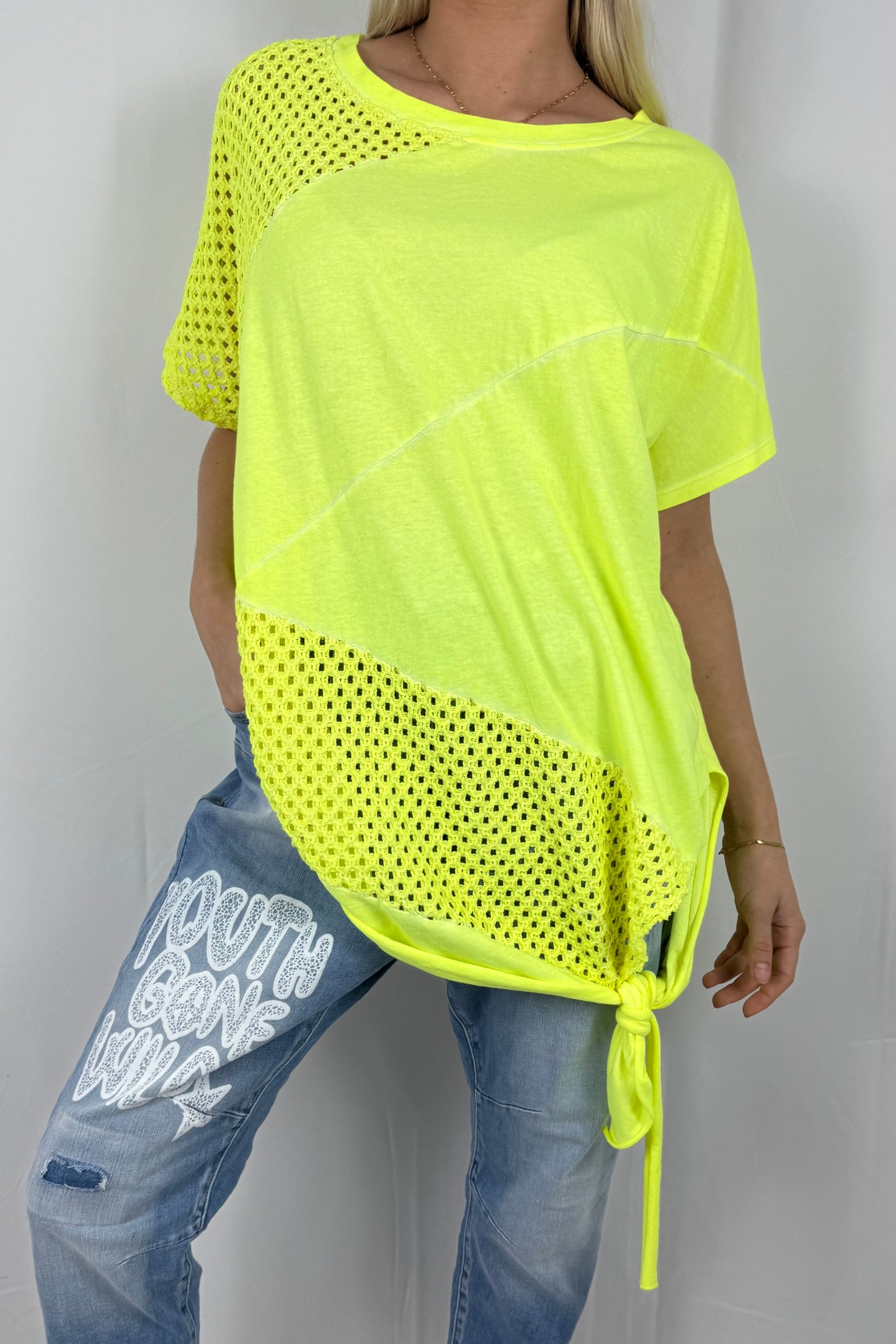 Damen Oversize Shirt mit Netz Einsatz und Bindeband-Neon gelb