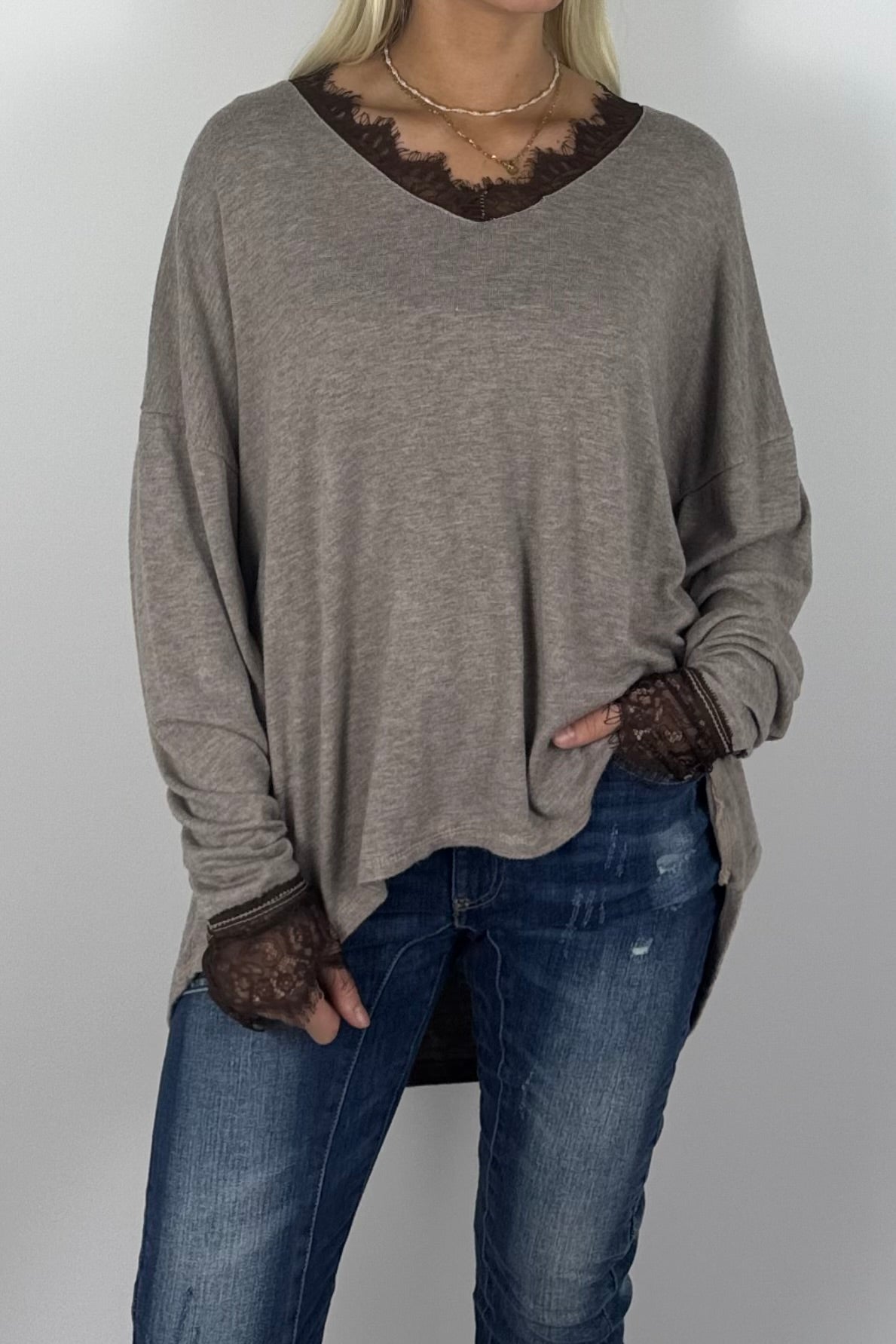 Damen Oversize Shirt mit Spitzen-Details –Mud