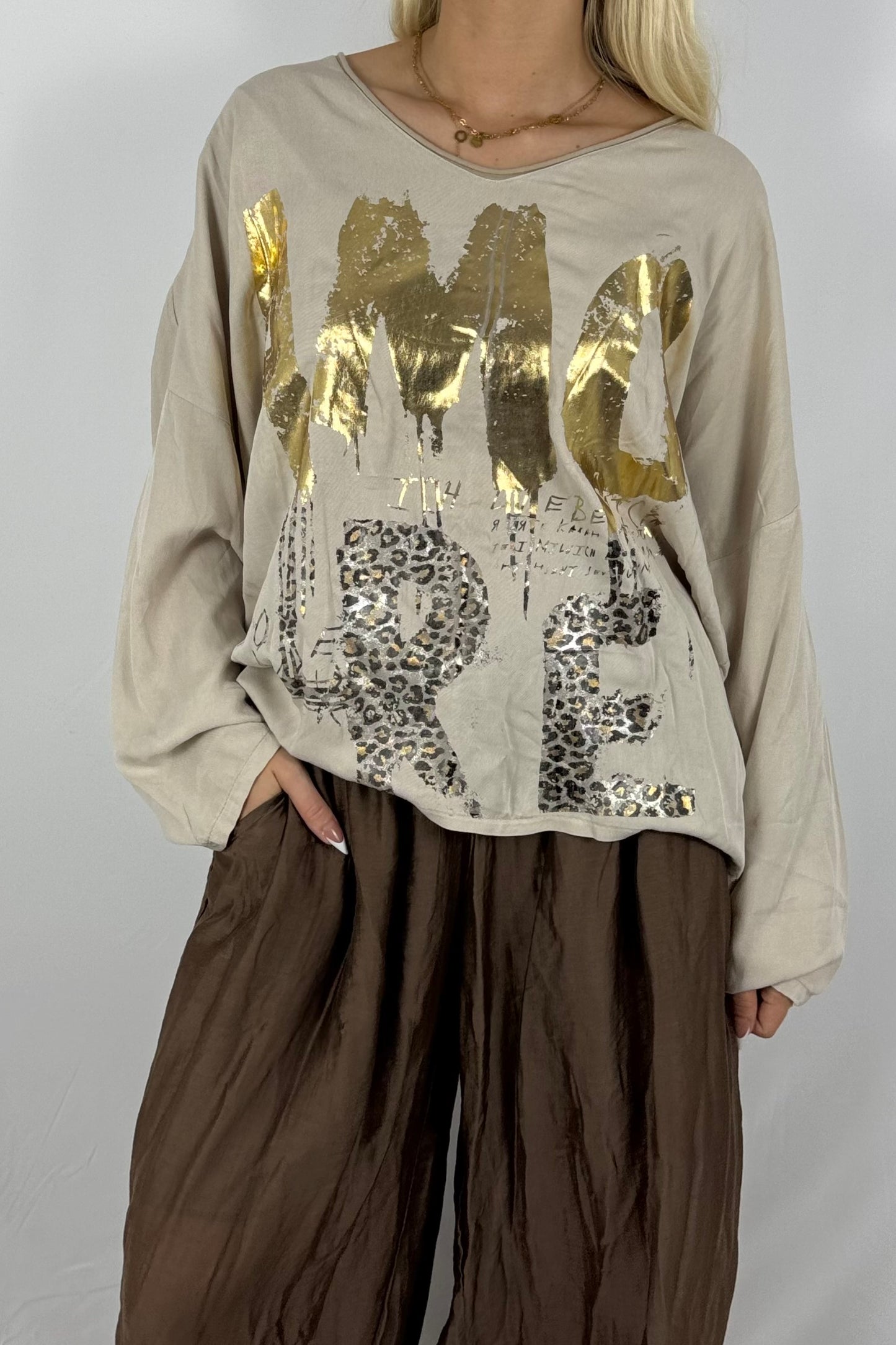 Oversize-Shirt mit Statement-Print-Beige