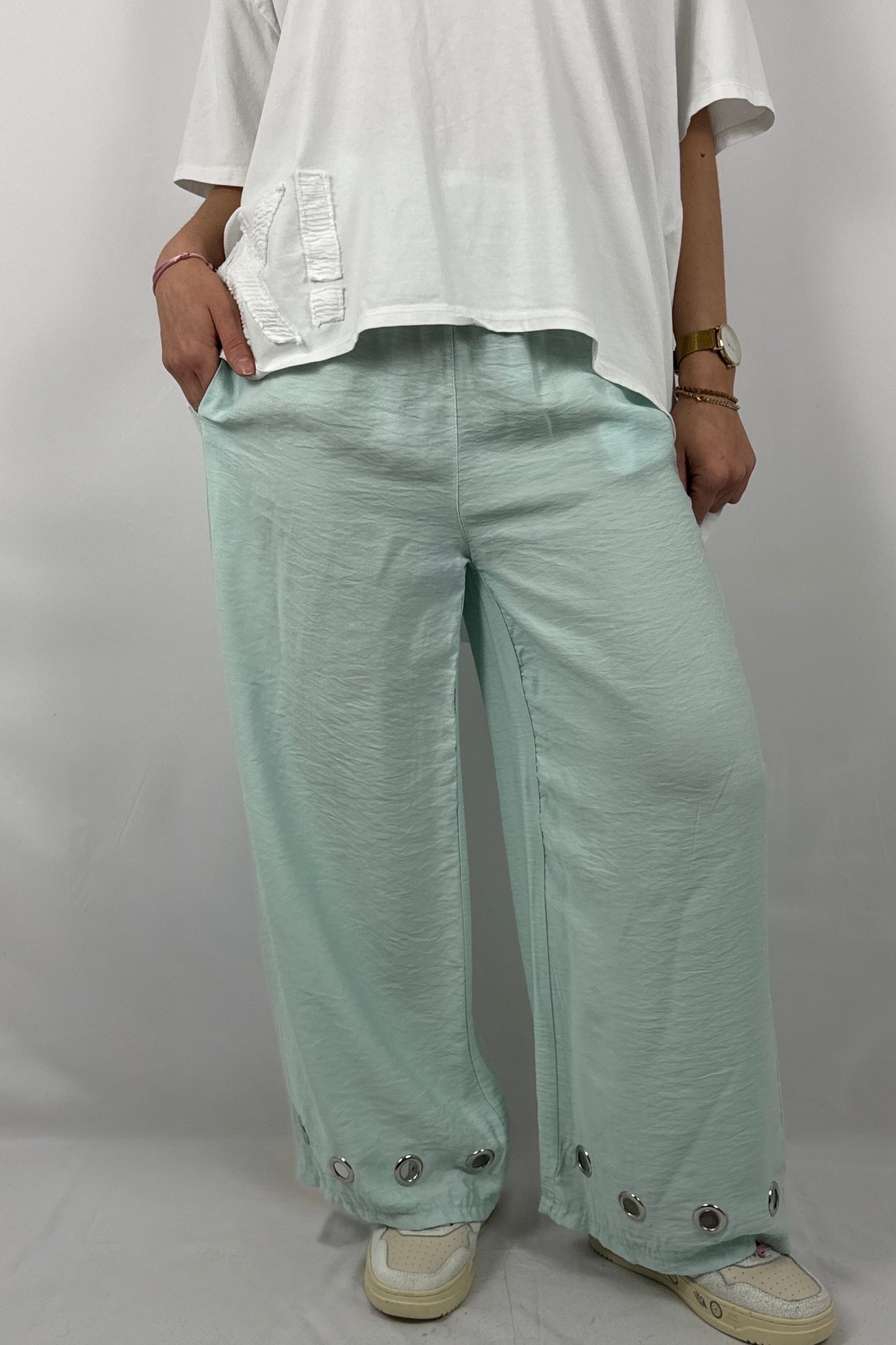Damen Hose mit weitem Bein und Ösen Details-Mint