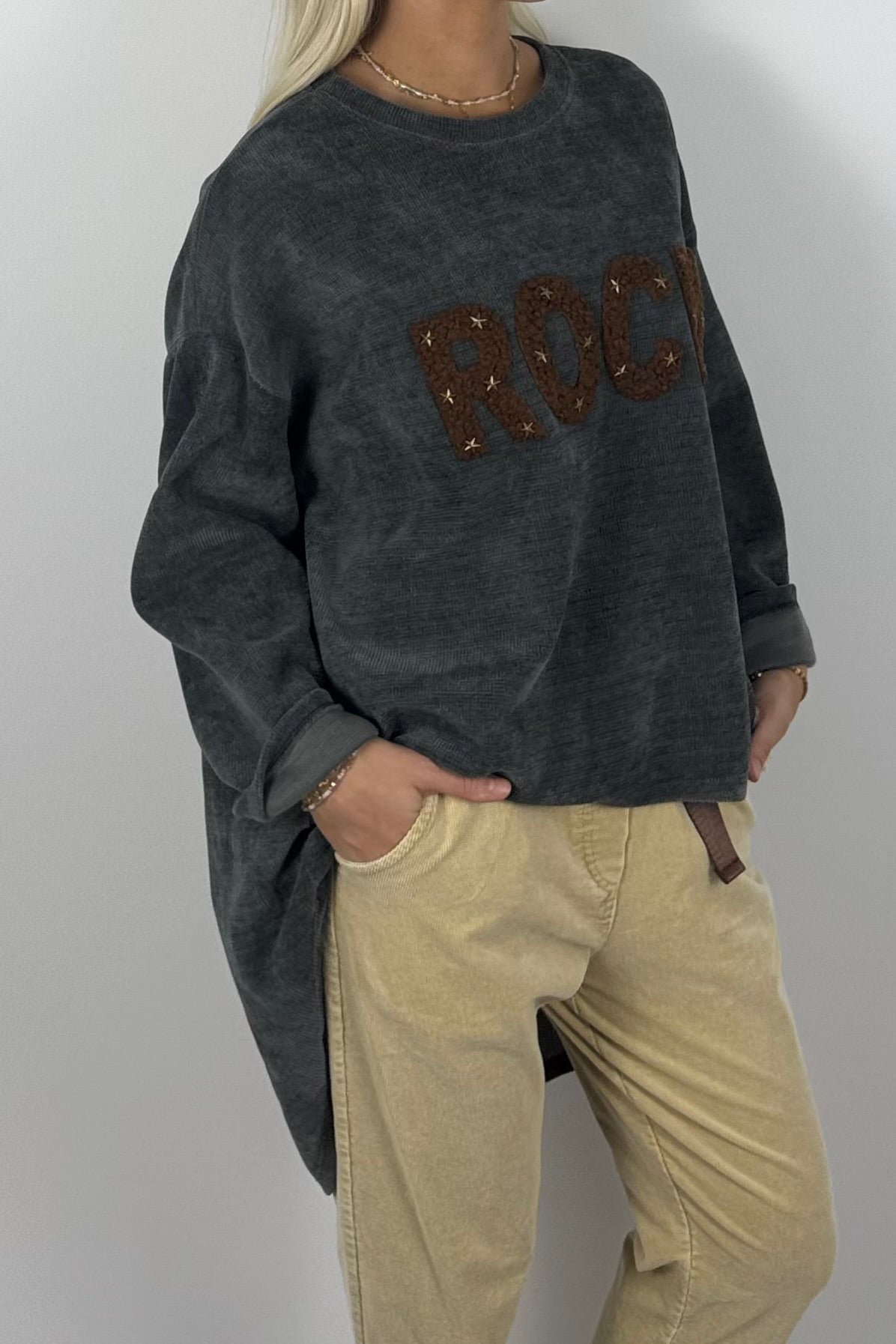 Damen Oversize Sweatshirt „ROCK“ –Grau