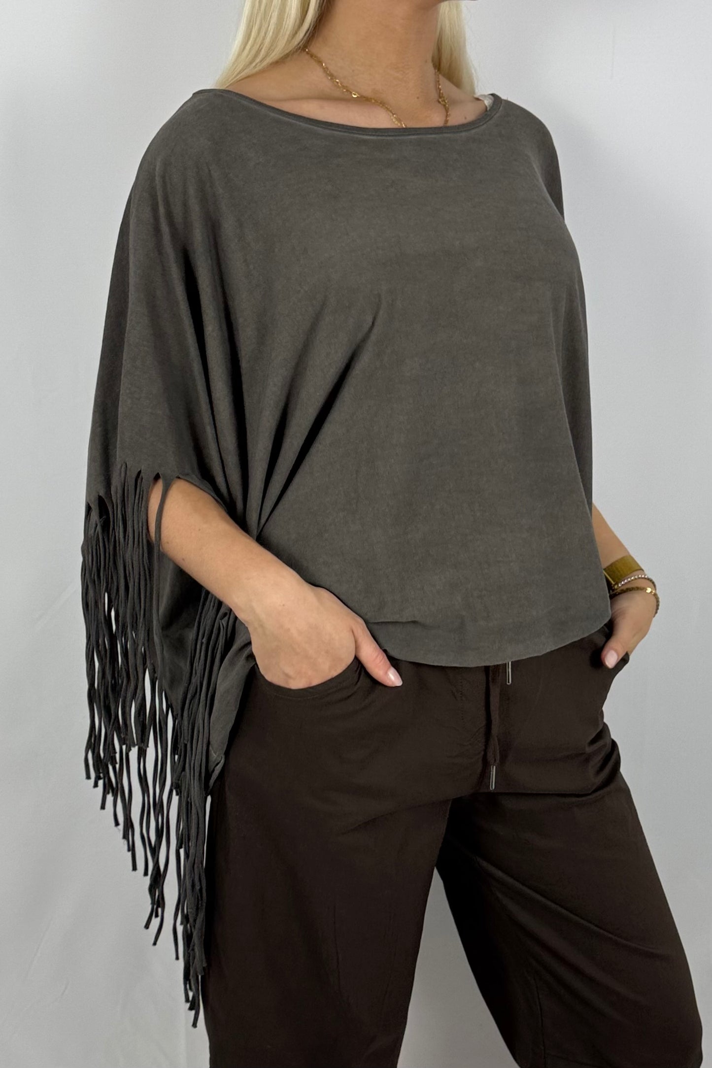 Fransen-Shirt aus Baumwollmix-Schoko