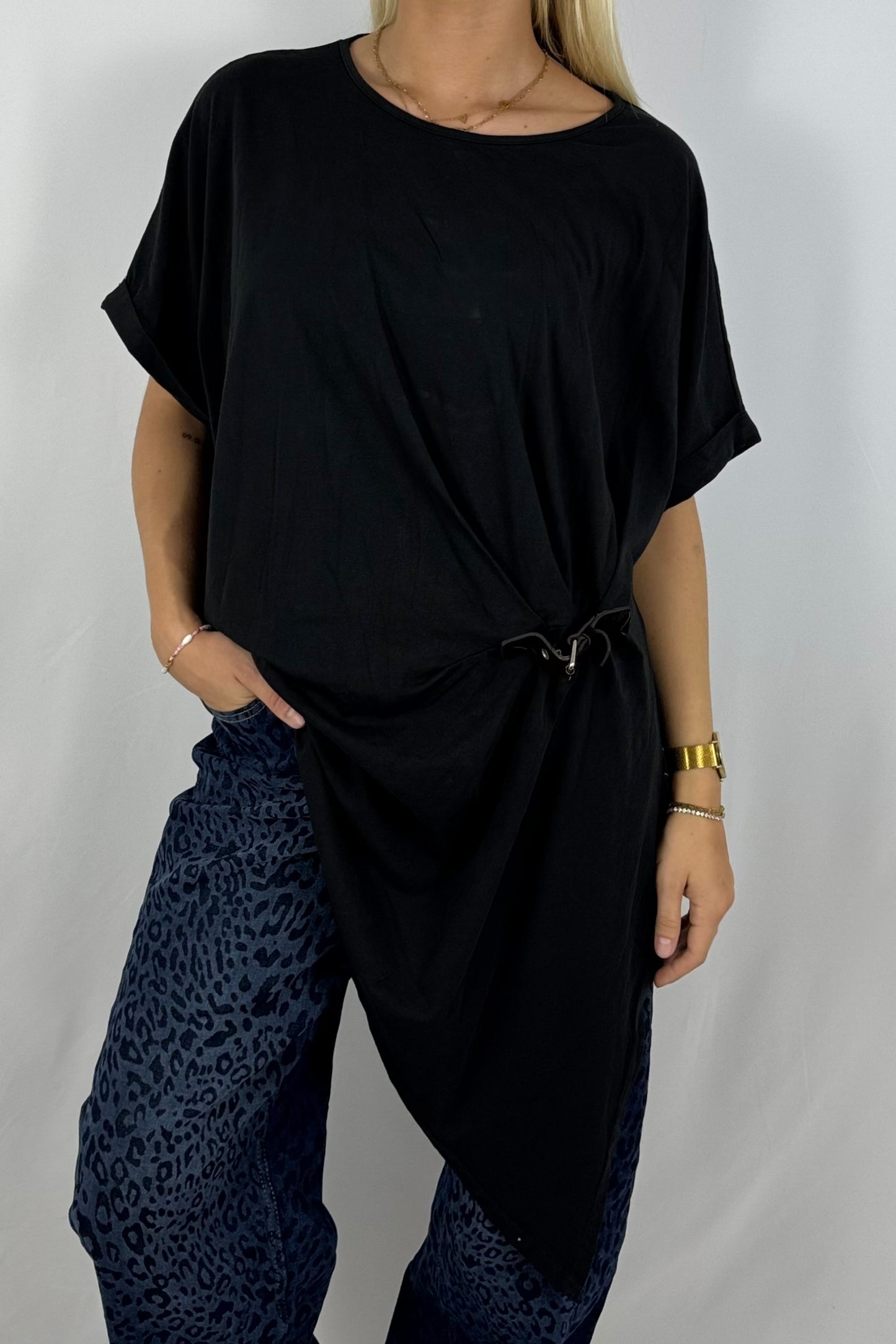Damen Longshirt mit Schnalle – Oversize-Schwarz