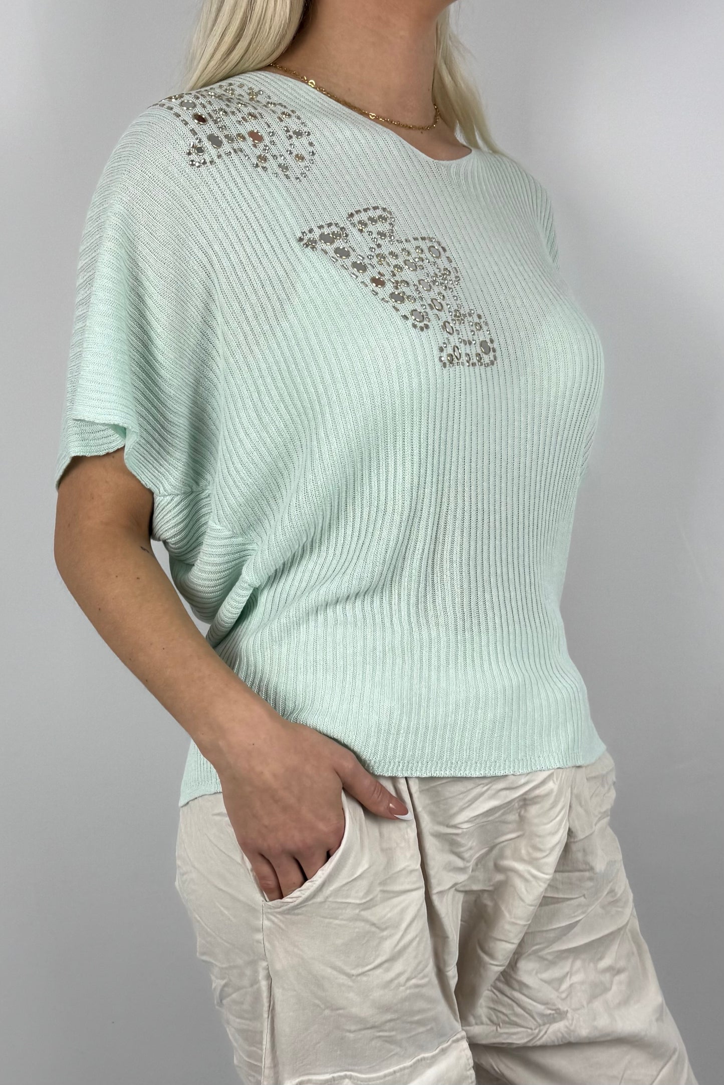 Strickshirt LOVE mit Glitzersteinen Damen-Mint
