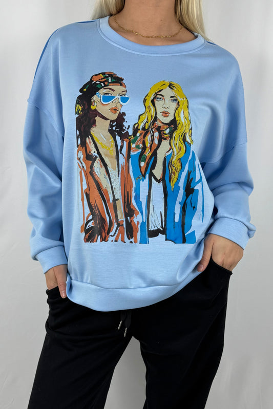 Oversize Damen Sweatshirt mit Fashion Print-Hellblau