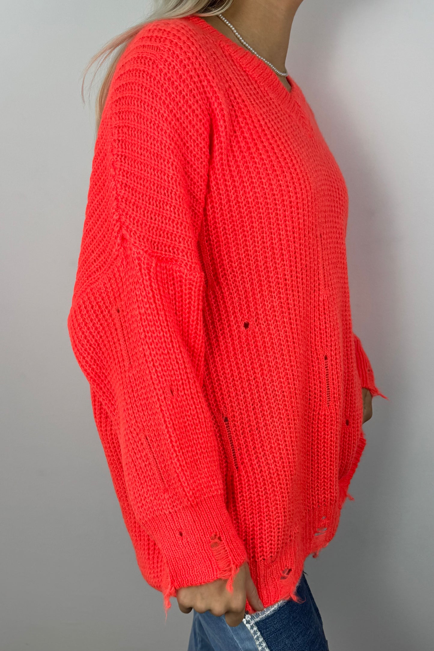 Oversize Strickpullover mit V-Ausschnitt – Orange