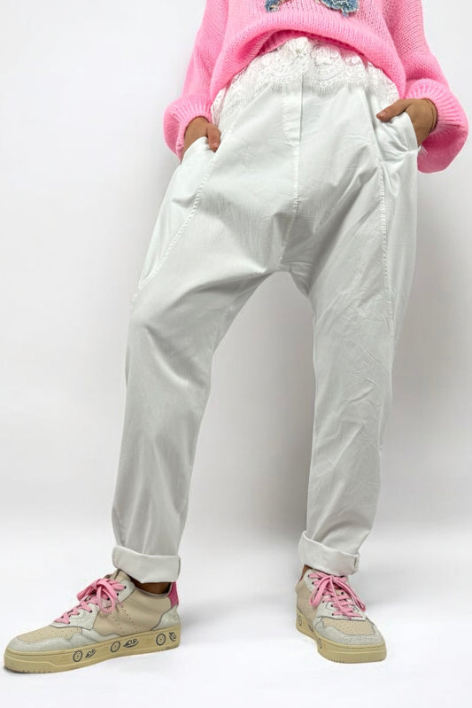 Hose mit elastischem Bund & Kordelzug-Weiß