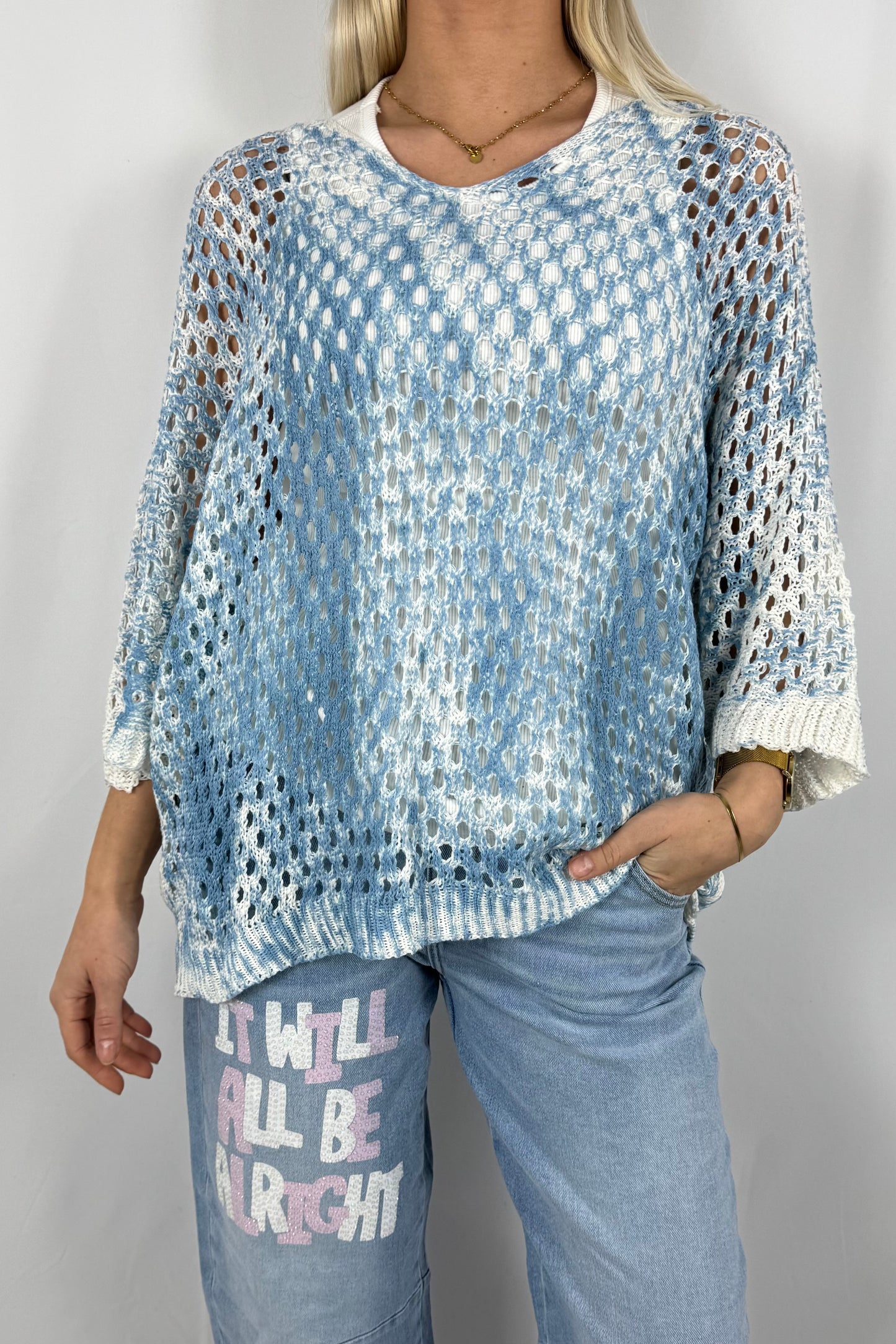 Damen Strick Shirt mit V Ausschnitt-Hellblau
