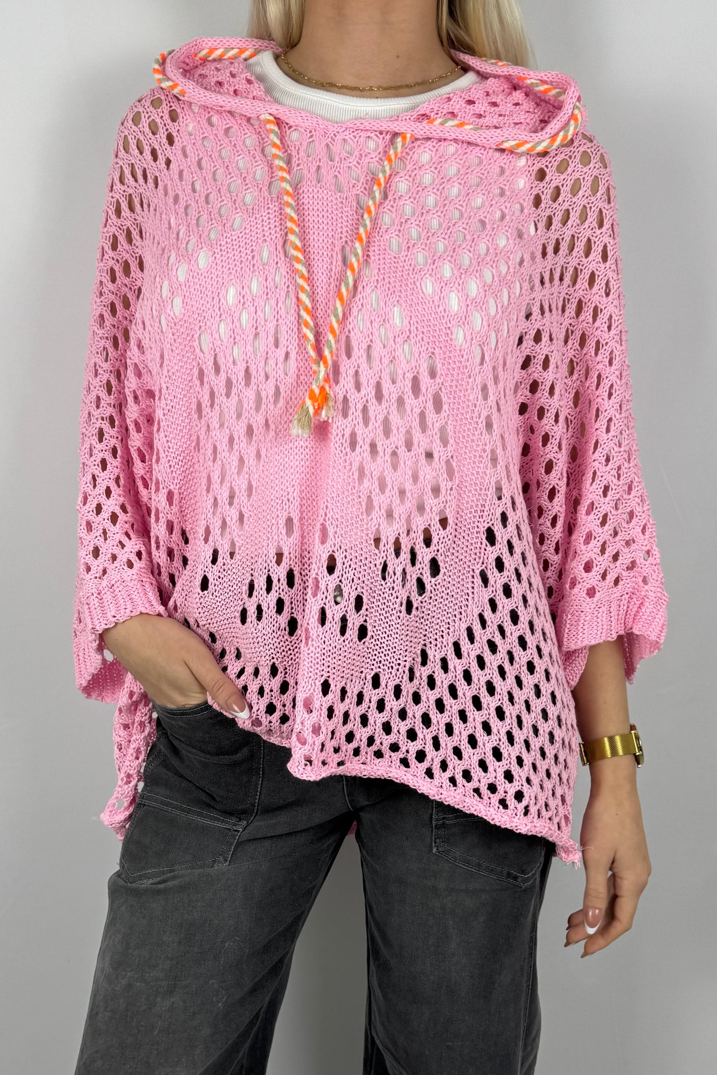 Häkel Hoodie Shirt mit Lochmuster Damen-Rosa
