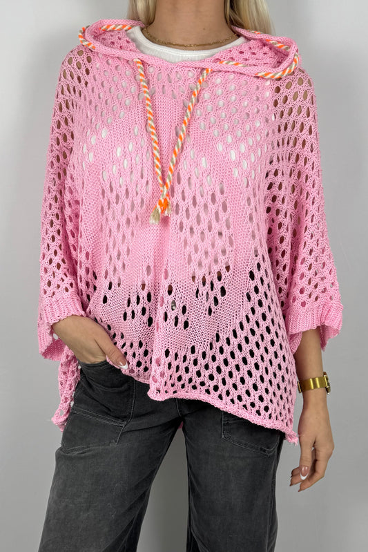 Häkel Hoodie Shirt mit Lochmuster Damen-Rosa