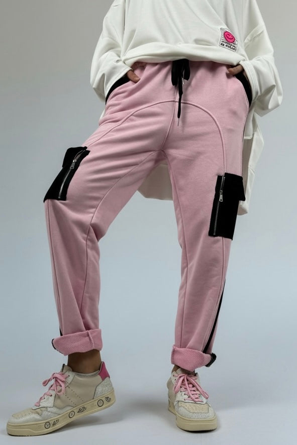 Hose mit Kontrastdetails & Reißverschlusstaschen-Rosa