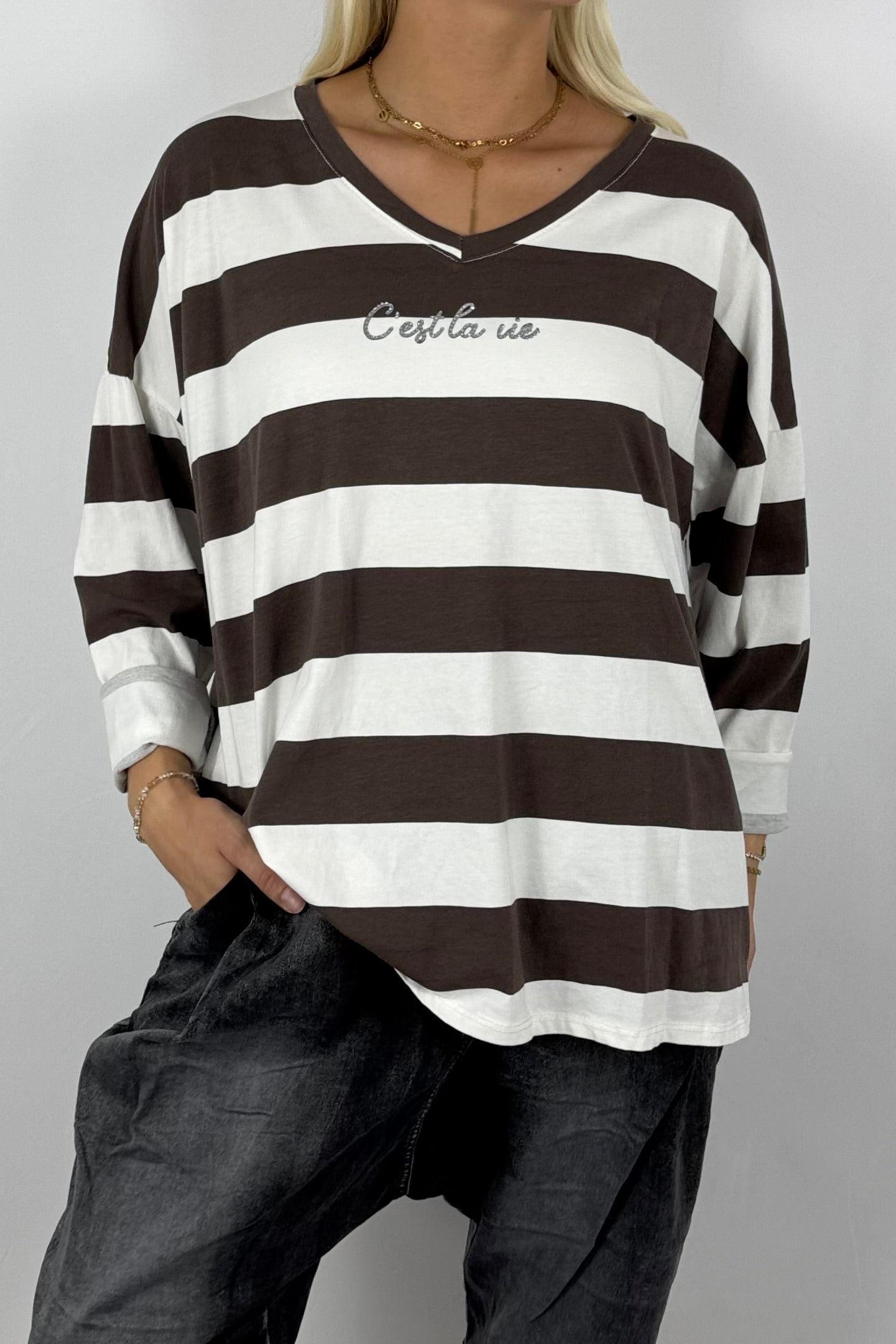 Damen Shirt gestreift – Oversize-Weiß