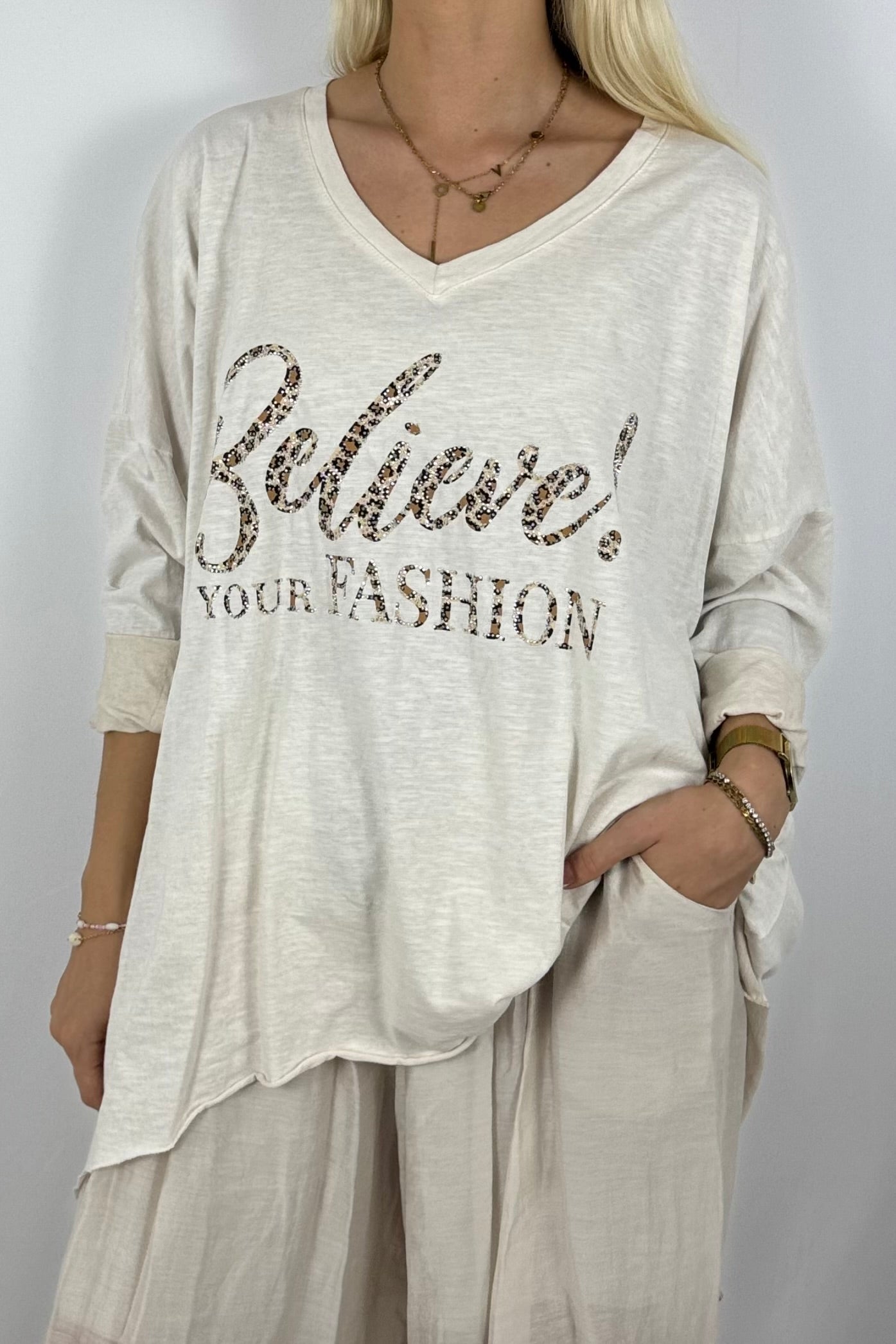 Oversize-Shirt mit Statement-Print-Beige