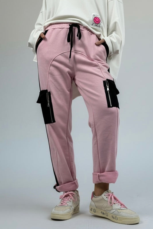 Hose mit Kontrastdetails & Reißverschlusstaschen-Rosa