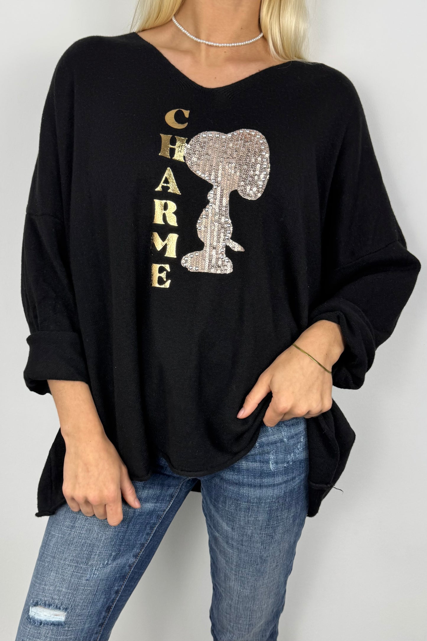 Damen Shirt mit V-Ausschnitt und Glitzer-Applikation –Schwarz
