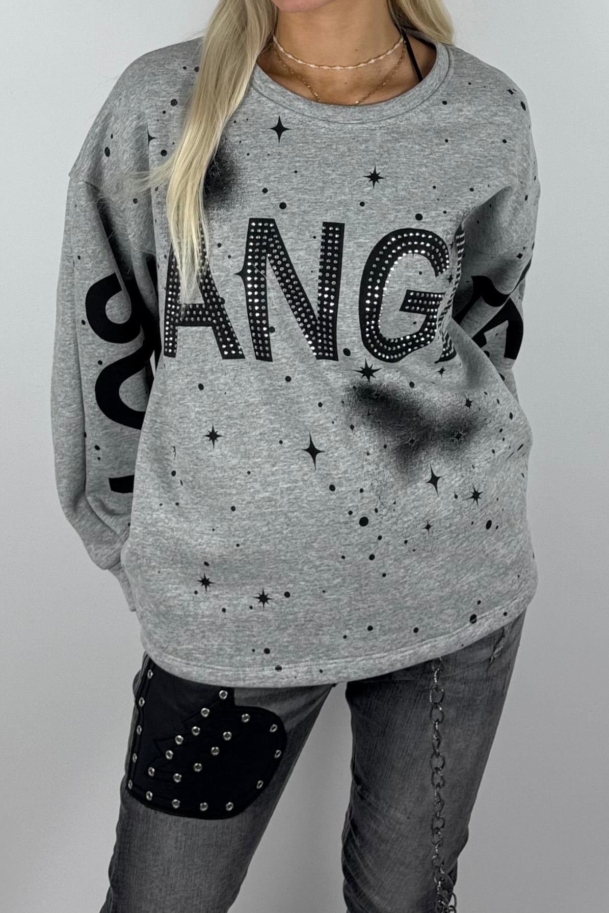 Damen-Sweatshirt mit „Los Angeles“-Schriftzug und Glitzersteinen - grau