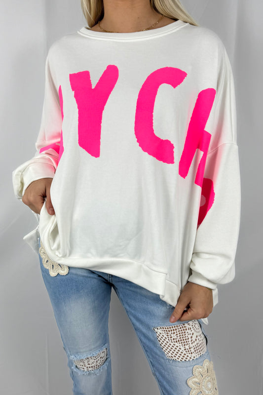 Oversize Sweatshirt mit Schriftzug „PSYCHO“-Weiß