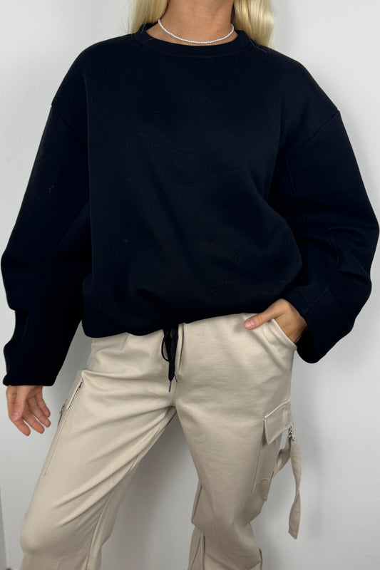 Damen Oversize Sweatshirt mit Rundhalsausschnitt –Schwarz