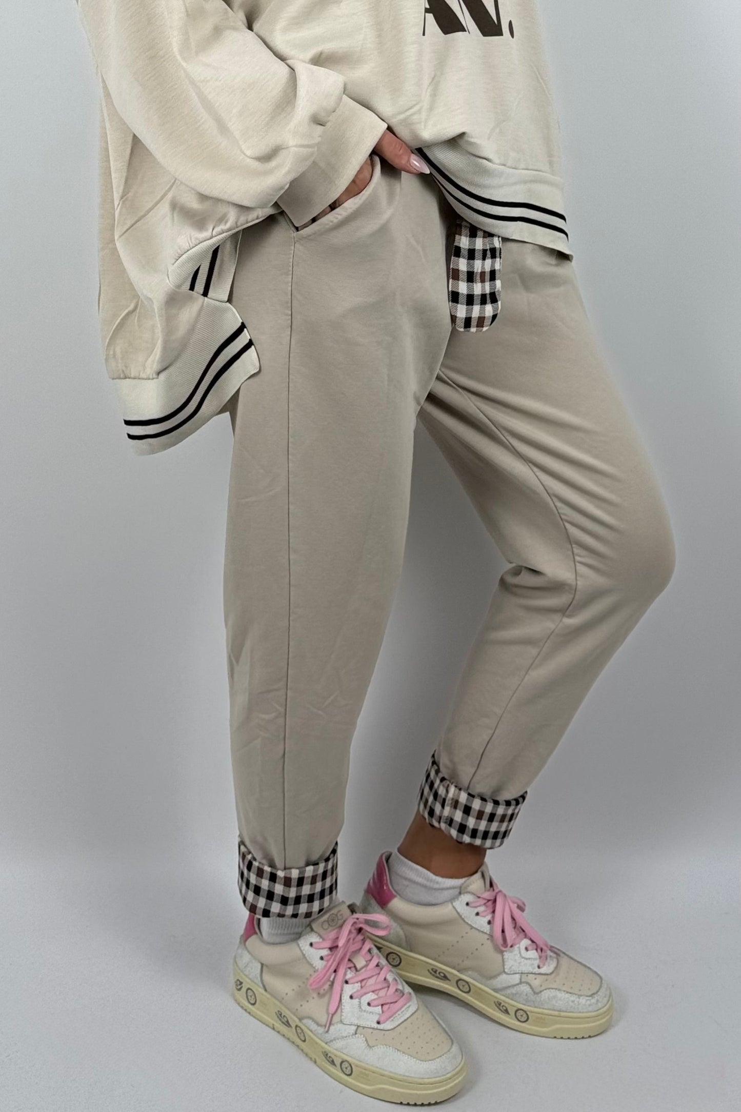 Damenhose mit Karomuster-Details & Bindegürtel-Beige