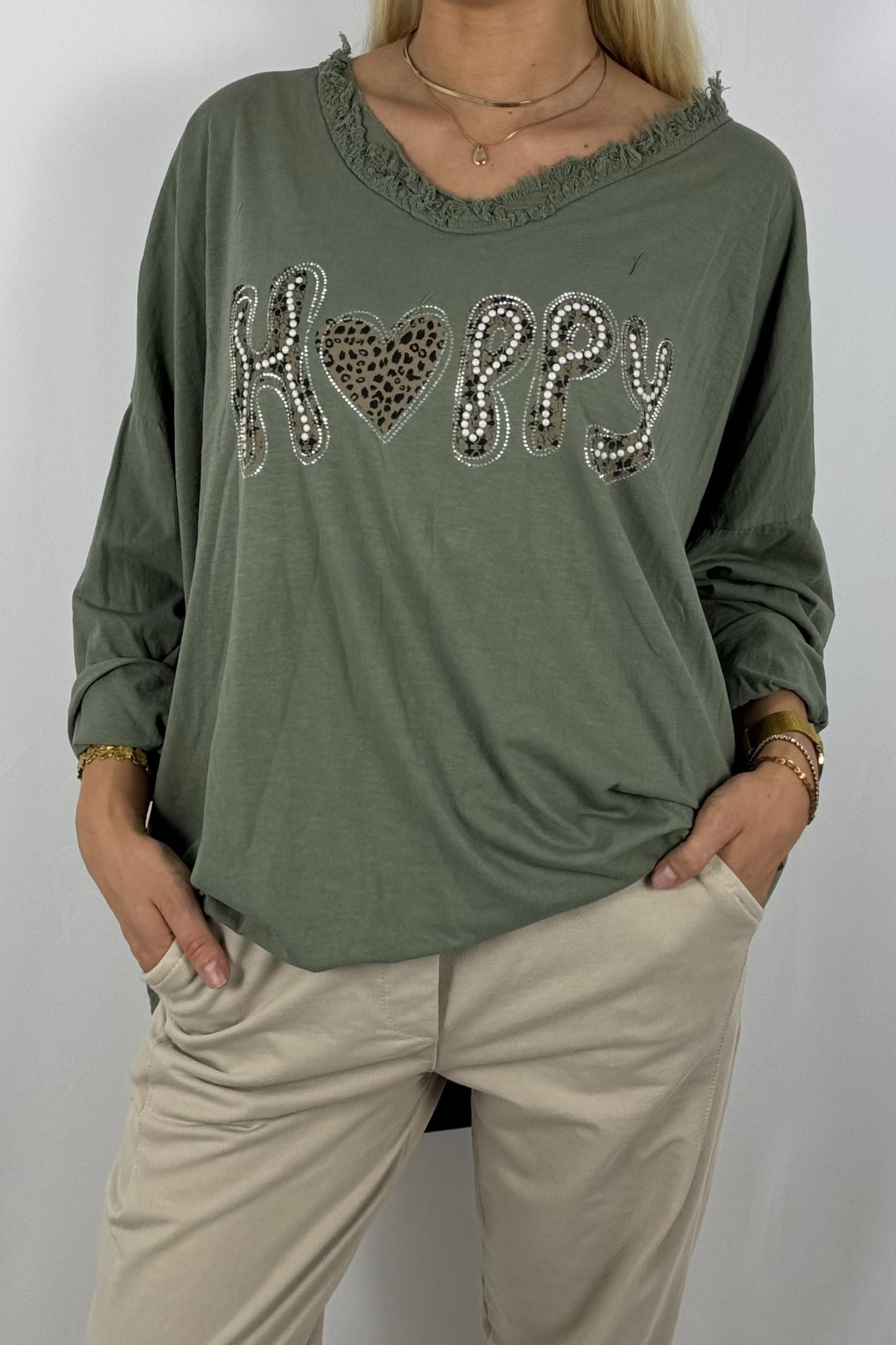 Damen Oversize Shirt – Happy Print-Khaki