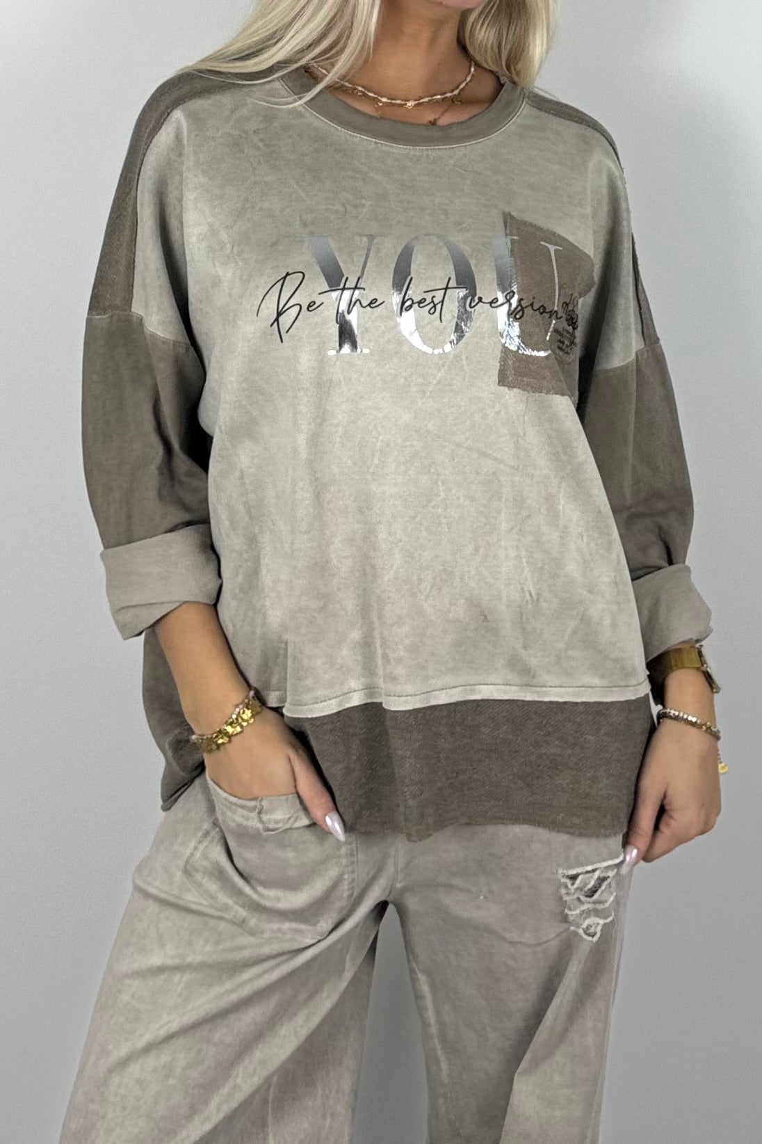 Oversize Damen Sweatshirt mit Glitzer-Details & Schriftzug – Mud