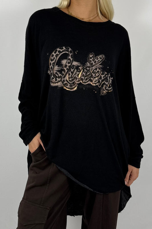Damen Longshirt „Queen“ – Oversize mit Frontprint-Schwarz
