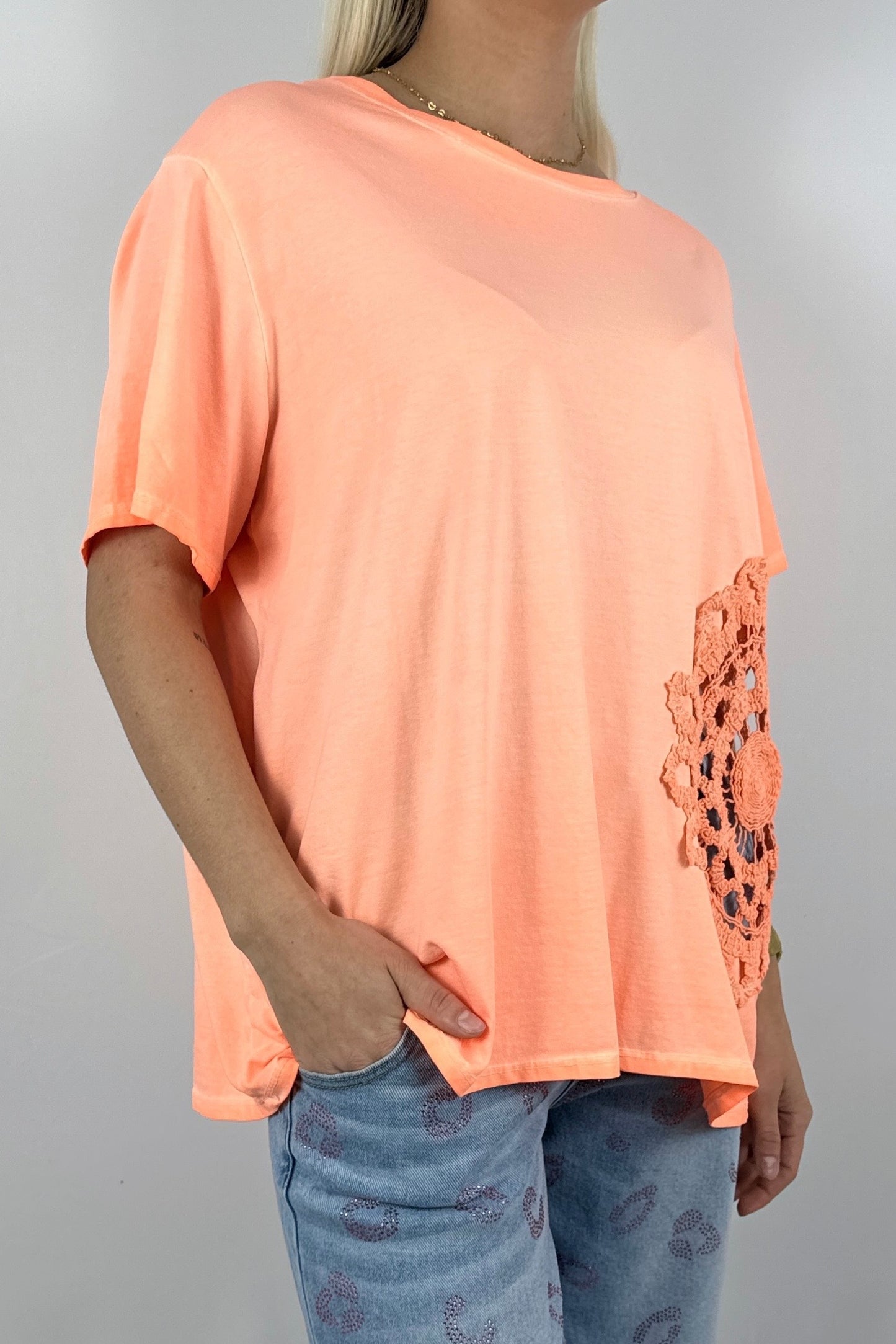 Shirt mit großem Häkel Muster-Neon Orange