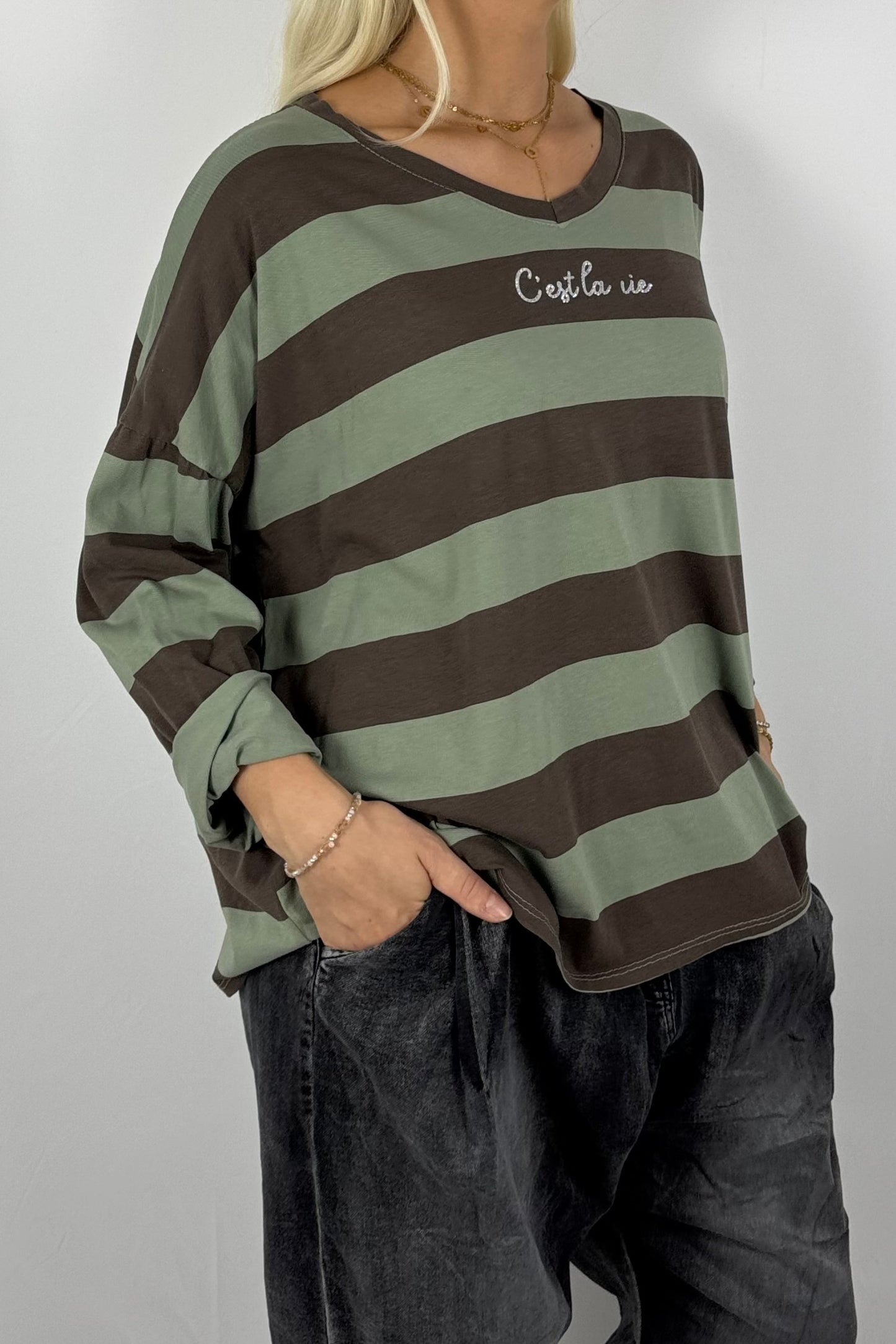 Damen Shirt gestreift – Oversize-Khaki