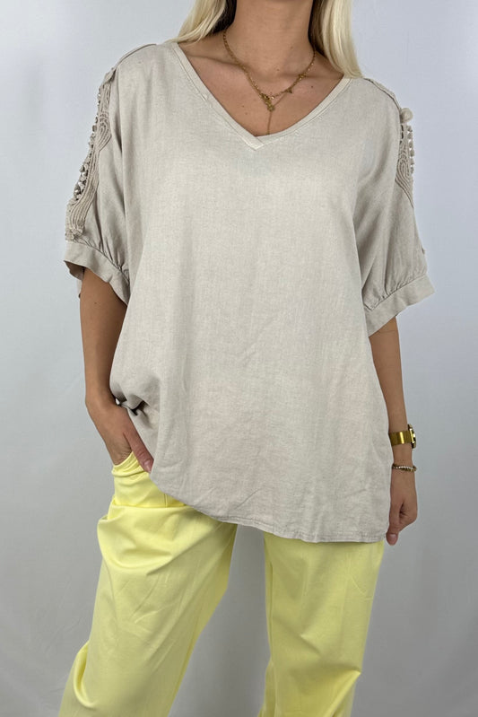 Leinen-Viscose Shirt mit Häkelspitze – luftig & feminin-Beige