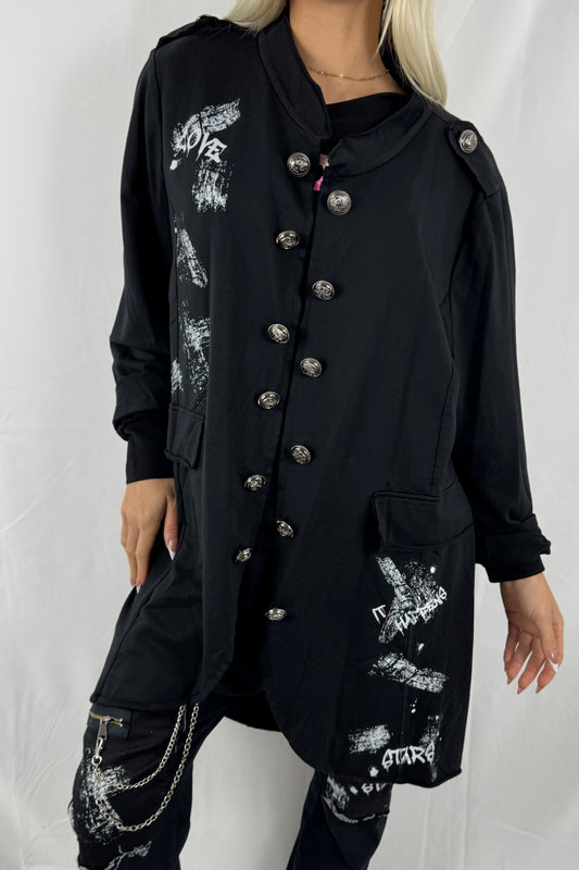 Lässiger Mantel mit Print & Knopfleiste –Schwarz