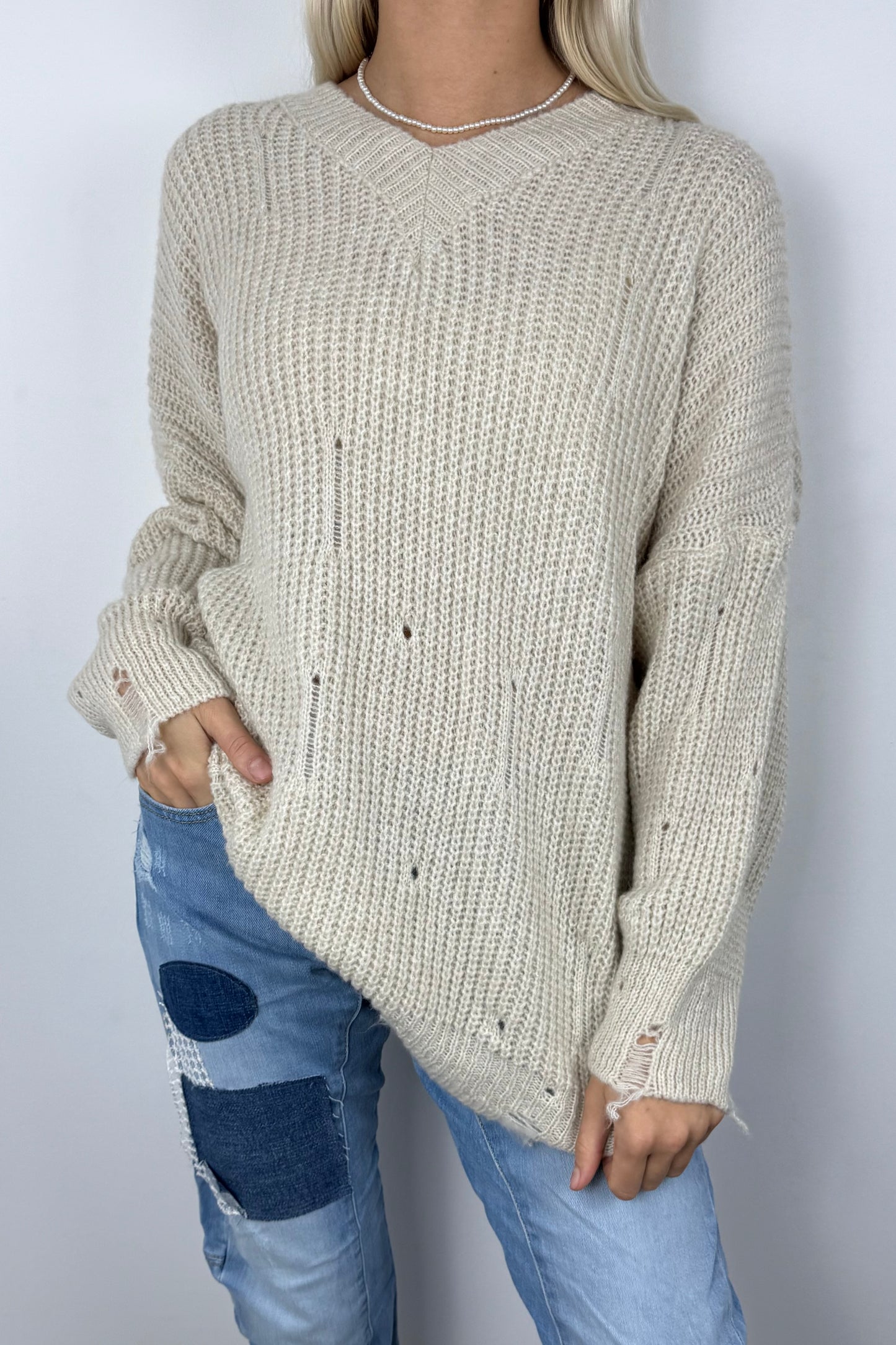 Oversize Strickpullover mit V-Ausschnitt – Beige