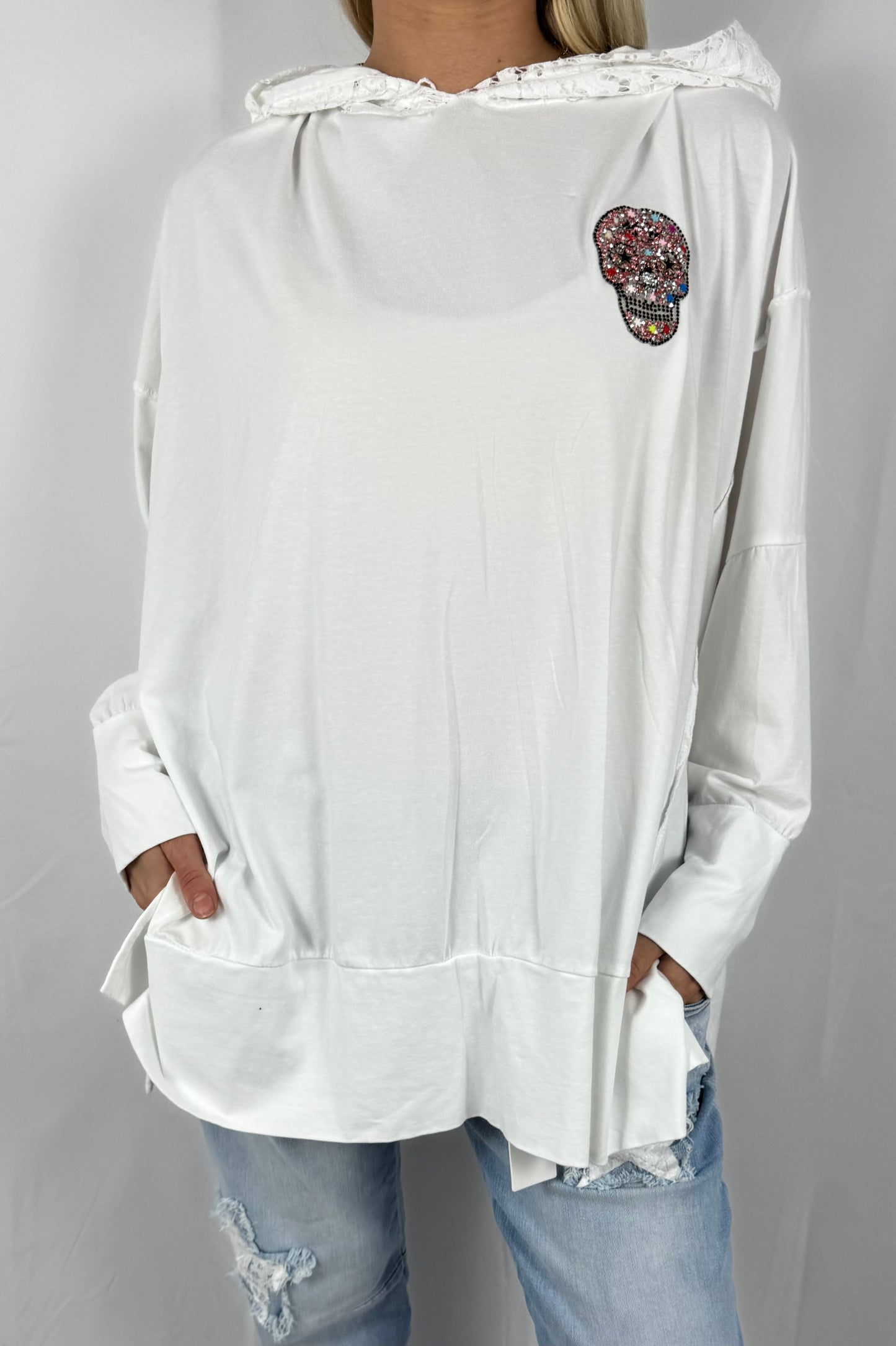 Damen Hoodie mit Strass Totenkopf-Weiß