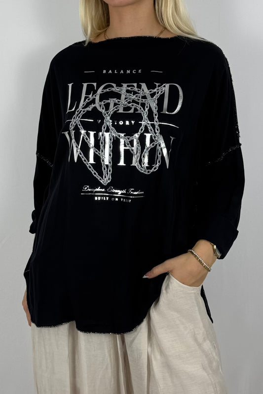 Oversize-Shirt mit Frontprint und Kettendetail-Schwarz