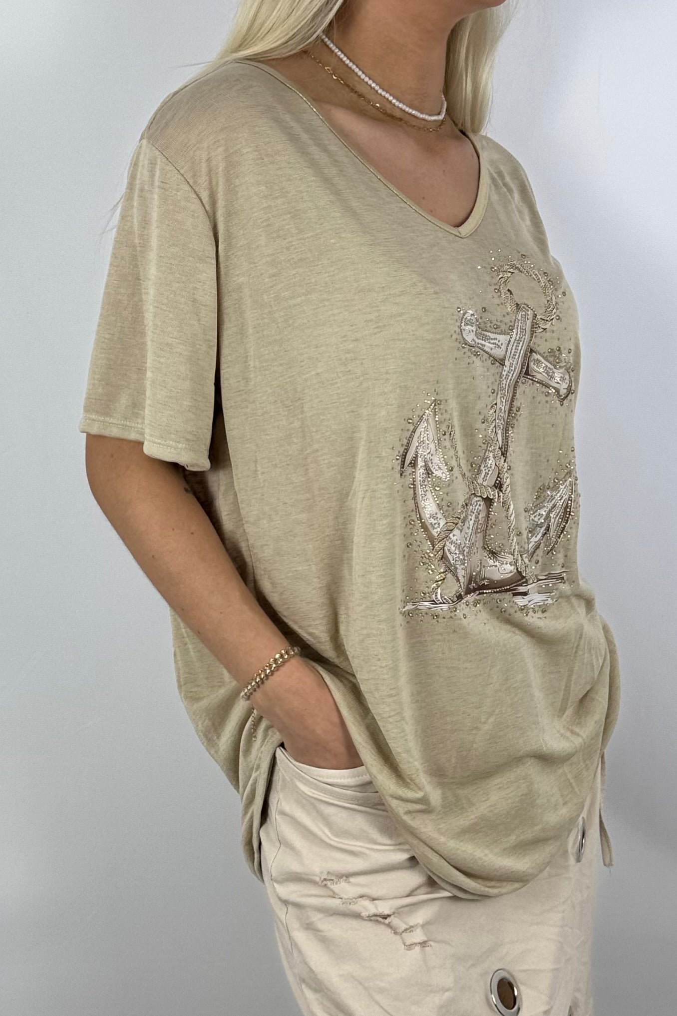 Oversize-Shirt mit Anker-Print & Golddetails-Safari