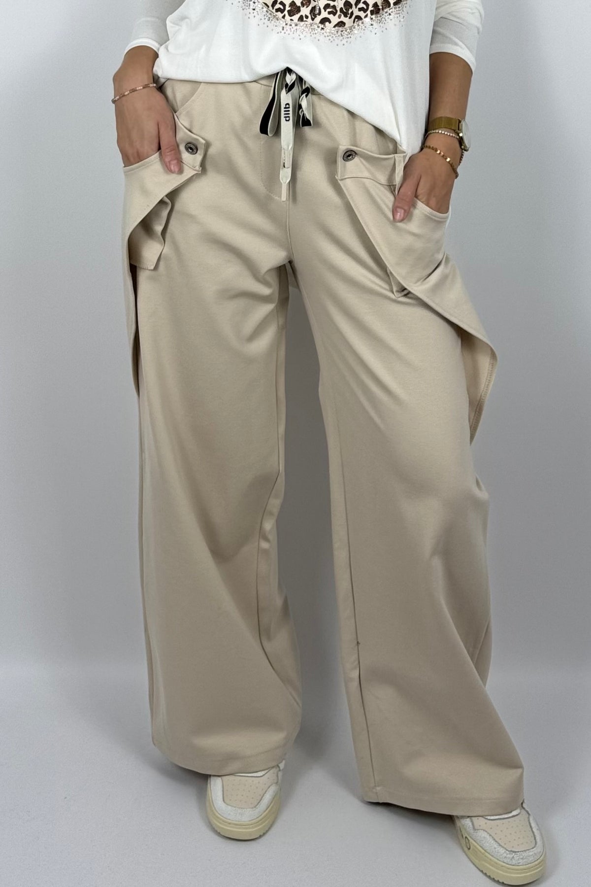 Damen Wide-Leg Hose mit Statement-Taschen – Beige