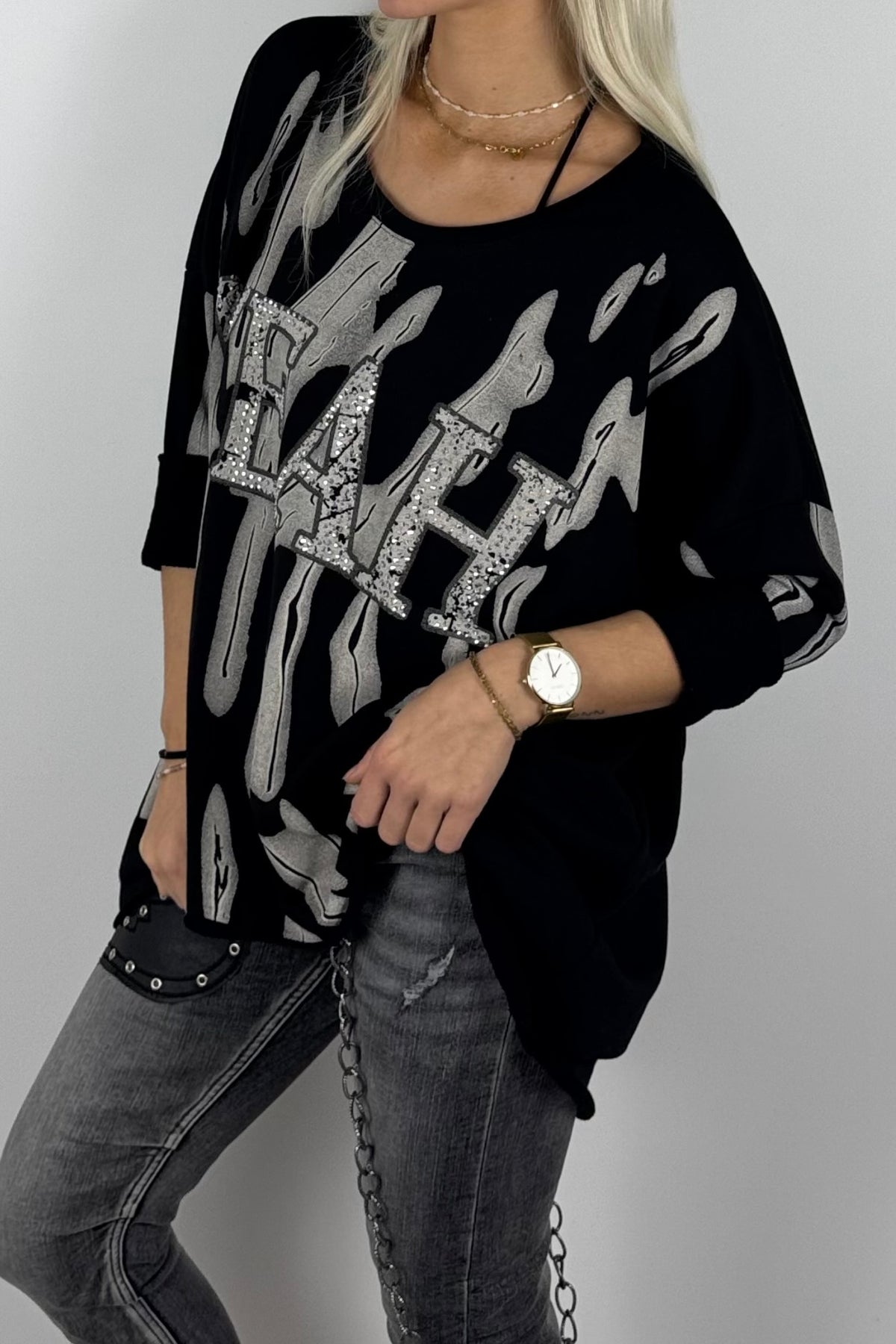 Damen-Sweatshirt mit „YEAH“-Schriftzug und Glitzersteinen-Schwarz