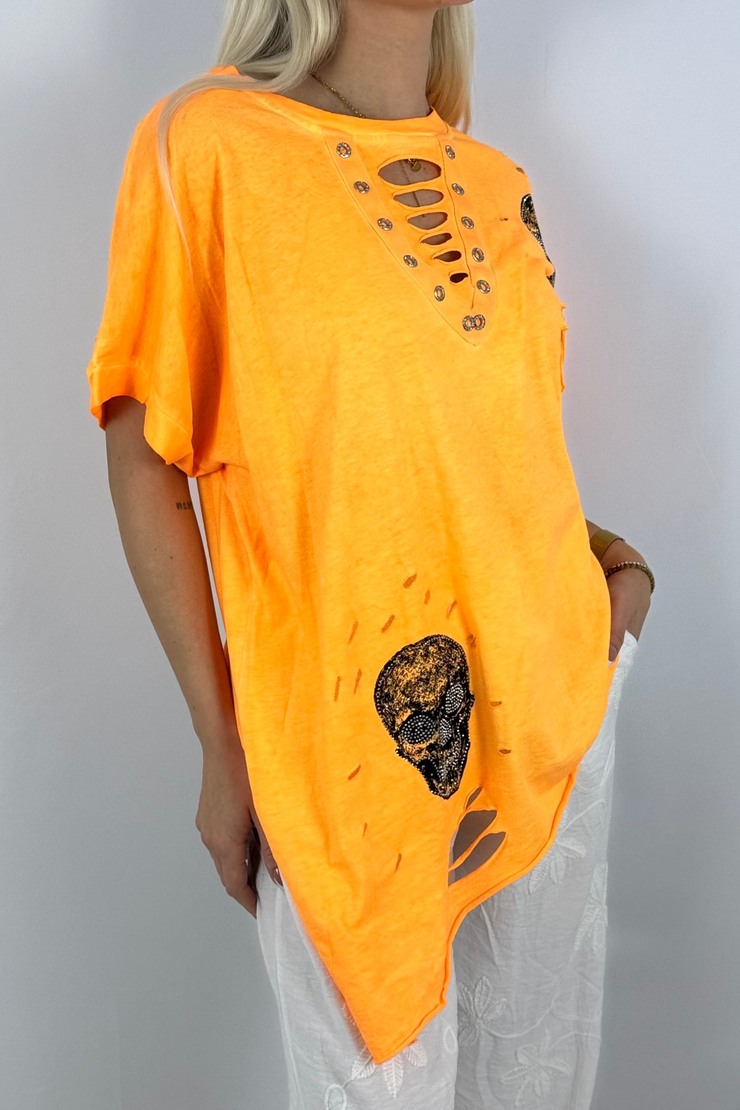 Skull-Shirt mit Strassdetails – trendig & lässig-Neon Orange