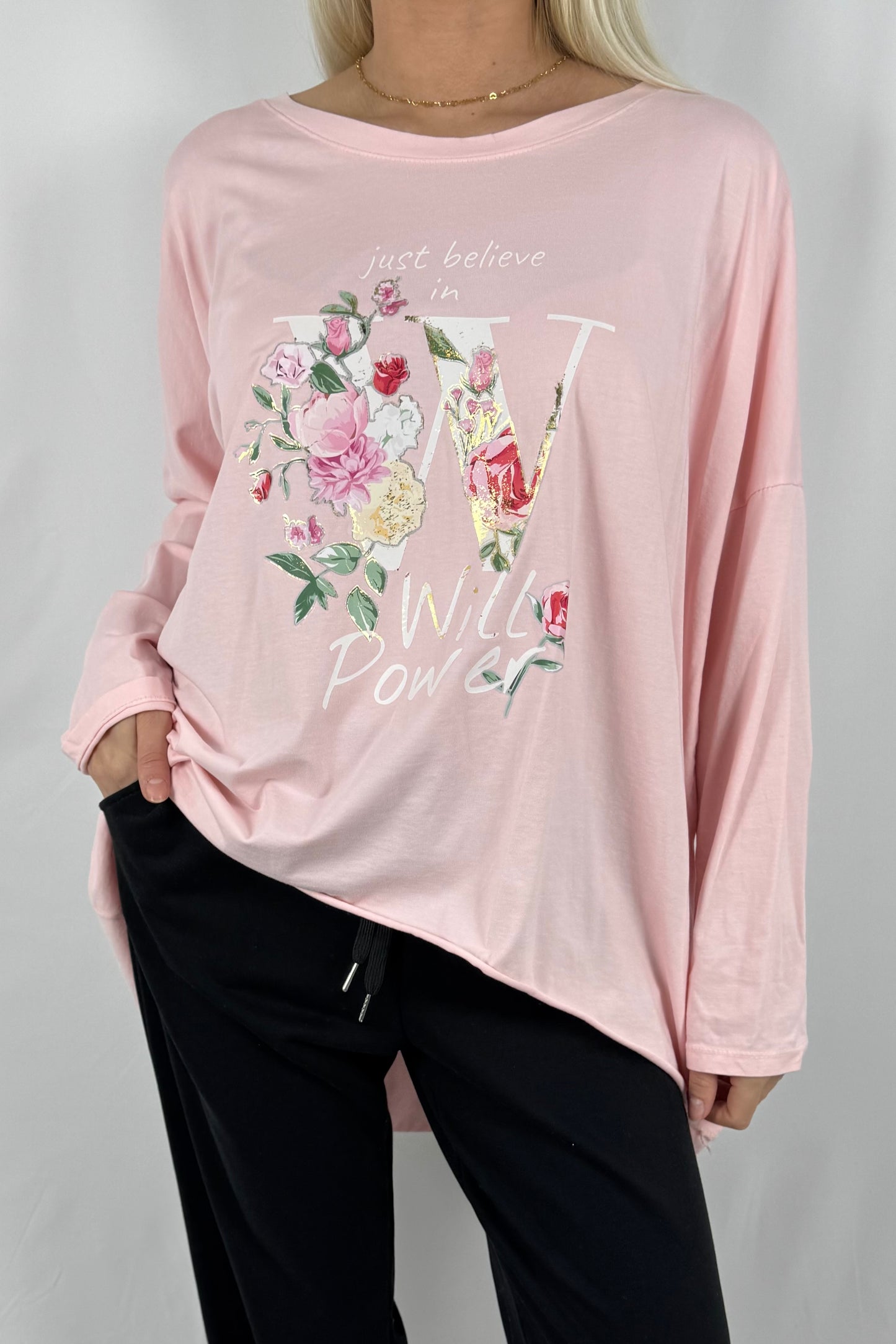 Oversize Damen Shirt mit Love Will Power Print-Rosa