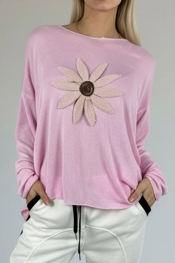 Shirt mit V-Ausschnitt & floraler Applikation-Rosa
