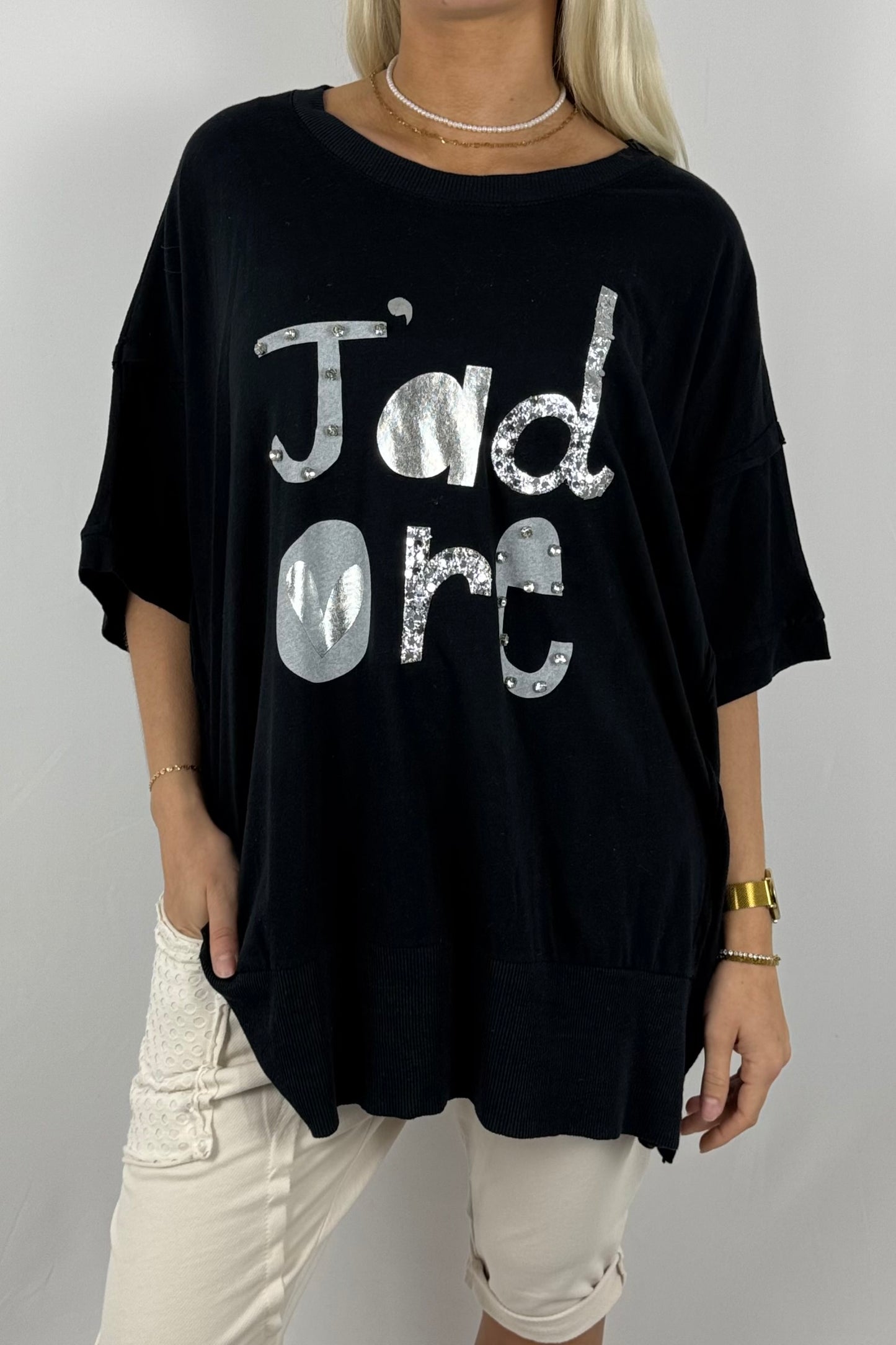 Oversize-Shirt „J’adore“ mit Glitzer-Print-Schwarz
