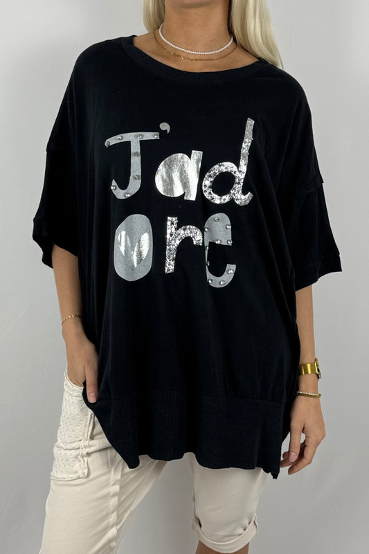 Oversize-Shirt „J’adore“ mit Glitzer-Print-Schwarz