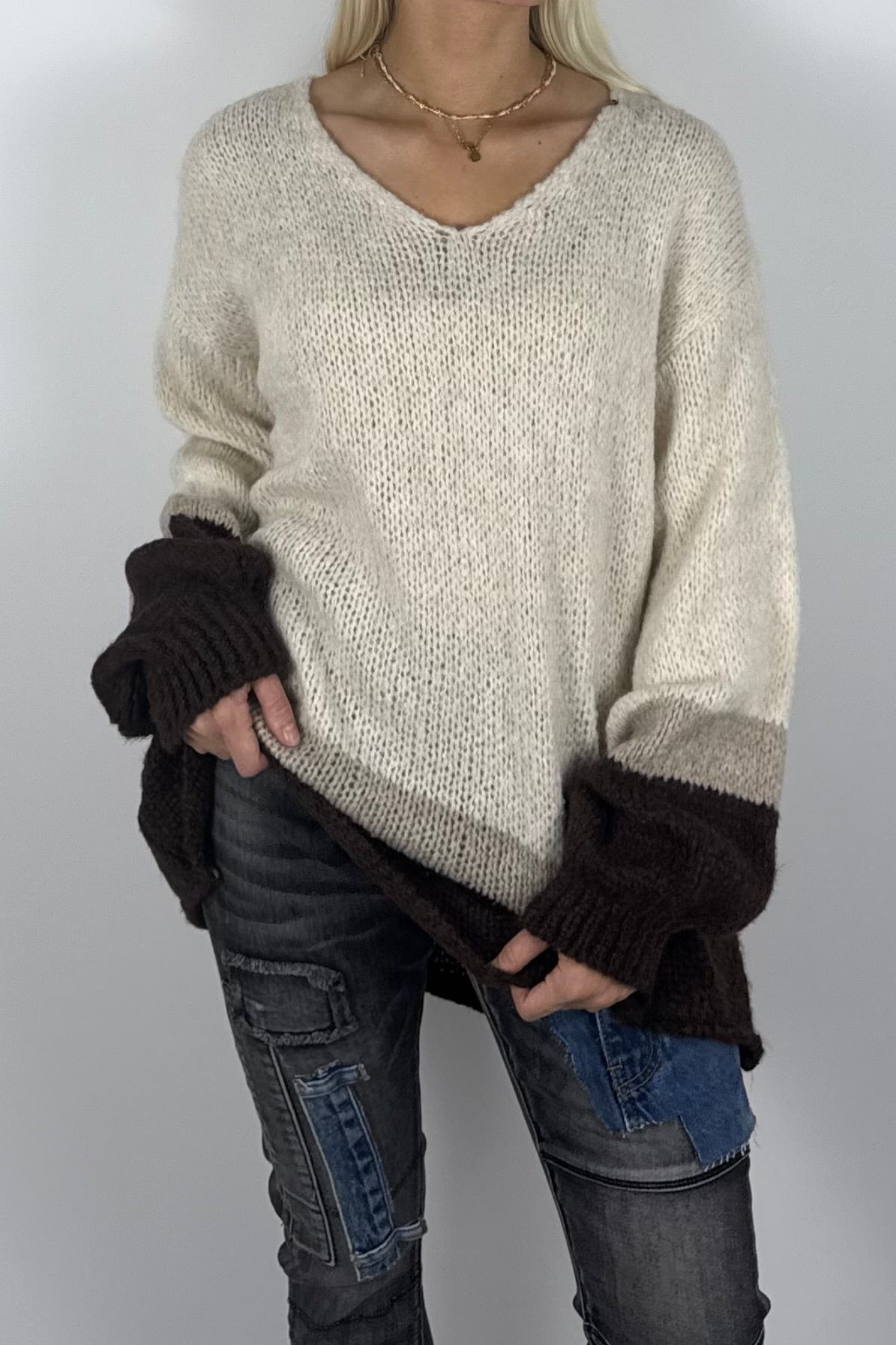 Damen Oversize Strickpullover mit V-Ausschnitt – Butter