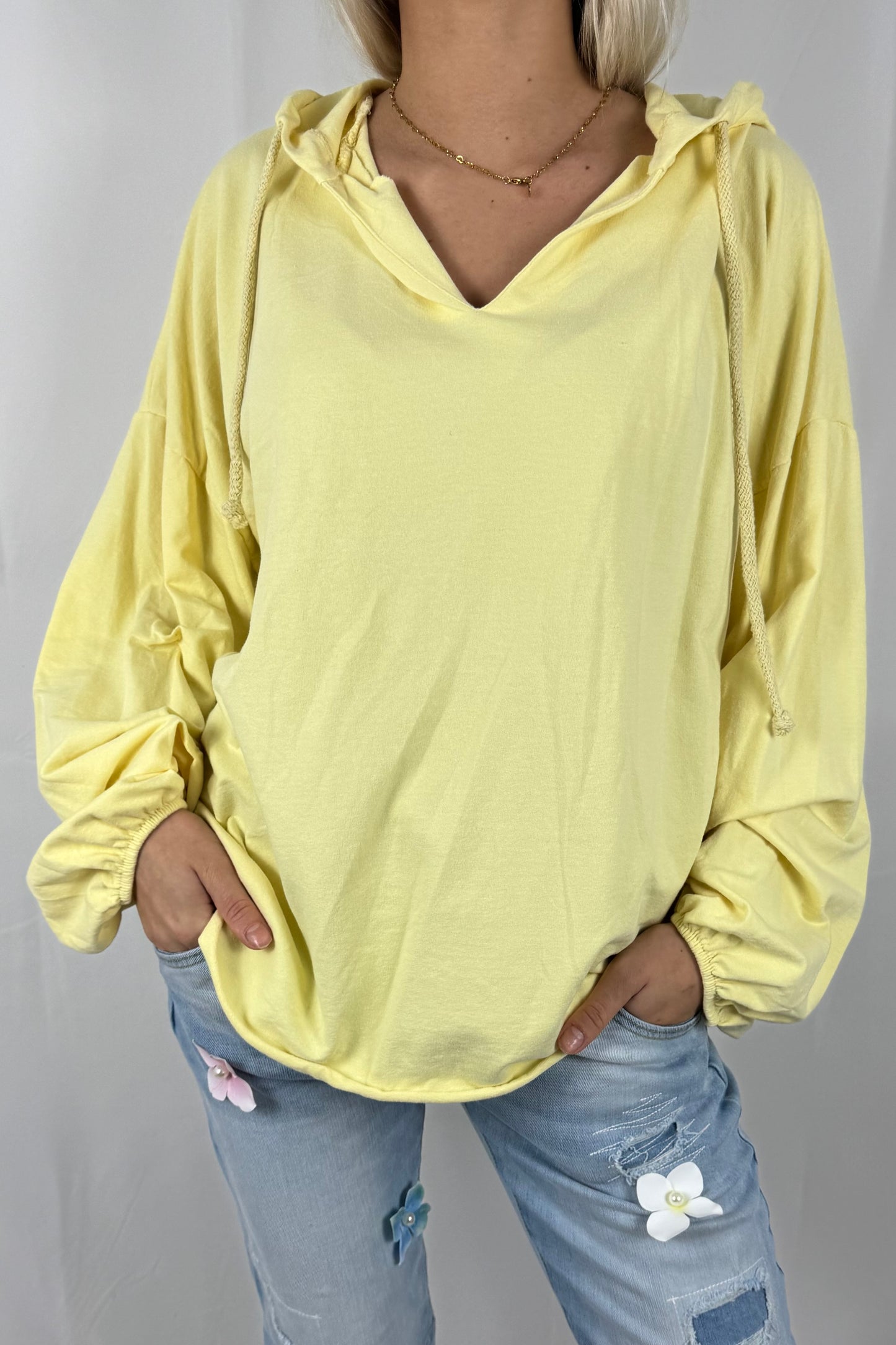 Damen Hoodie Shirt mit V-Ausschnitt –Gelb