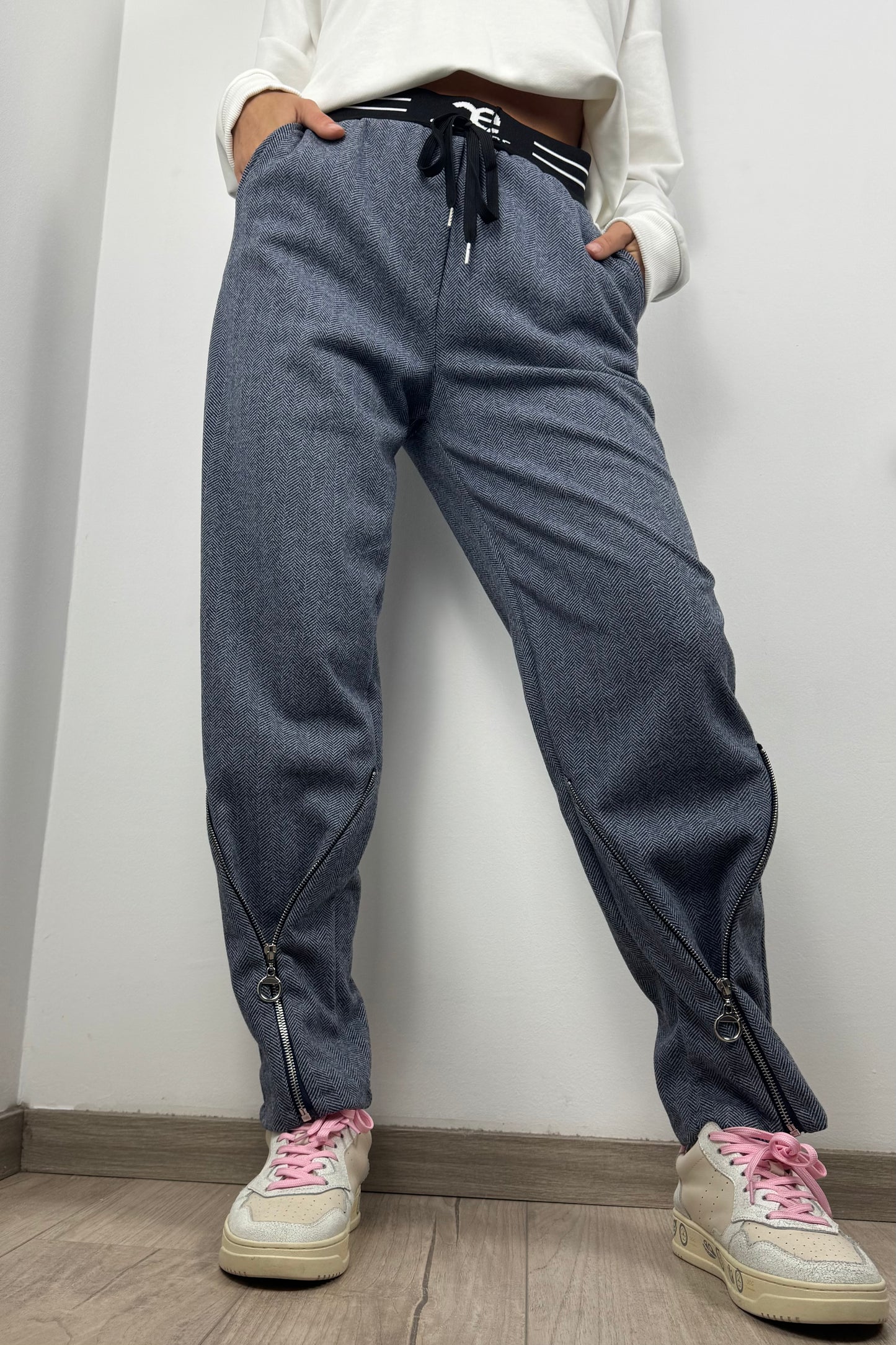 Stylische Damenhose mit Gummibund und Zipper-Details-Blau