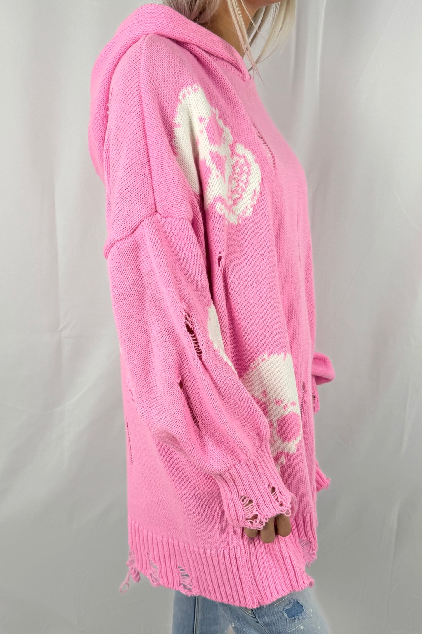 Pullover mit Totenkopf-Print und Kapuze-B-Pink