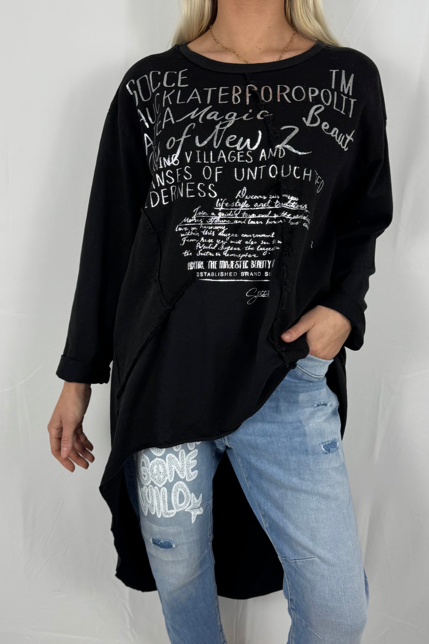Damen Oversize Longshirt mit Schrift Print-Schwarz