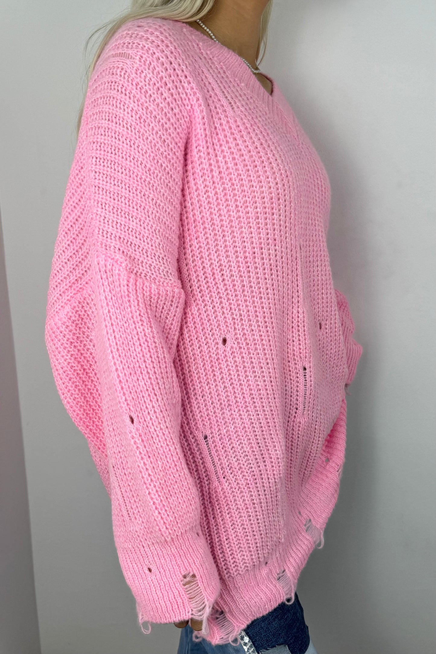 Oversize Strickpullover mit V-Ausschnitt – Rosa