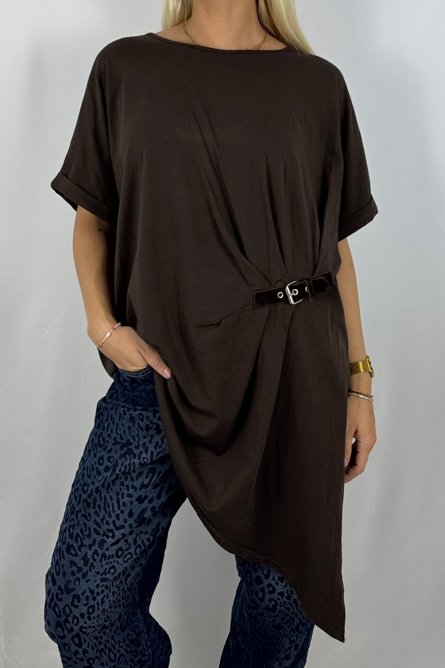 Damen Longshirt mit Schnalle – Oversize-Schoko