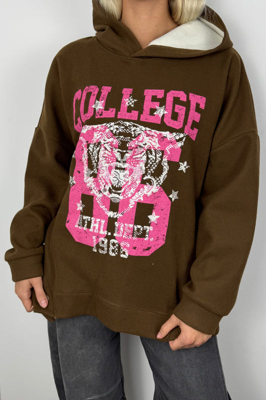 College Hoodie mit Tigerprint und Knopfdetails-Choco